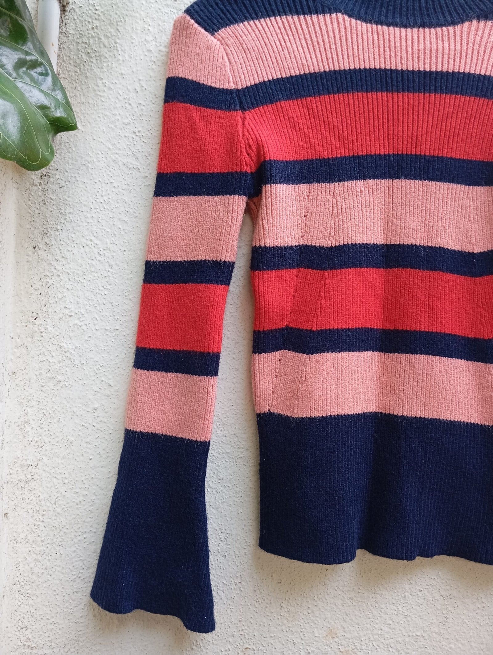 Red Pink and Navy Blue Striped Jumper with Bell Sleeves