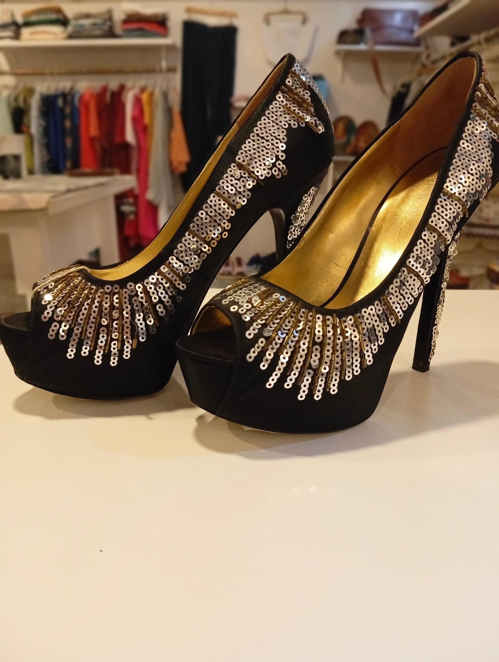 NINE WEST - Come around Black & Silver Satin Sequin Court Shoes