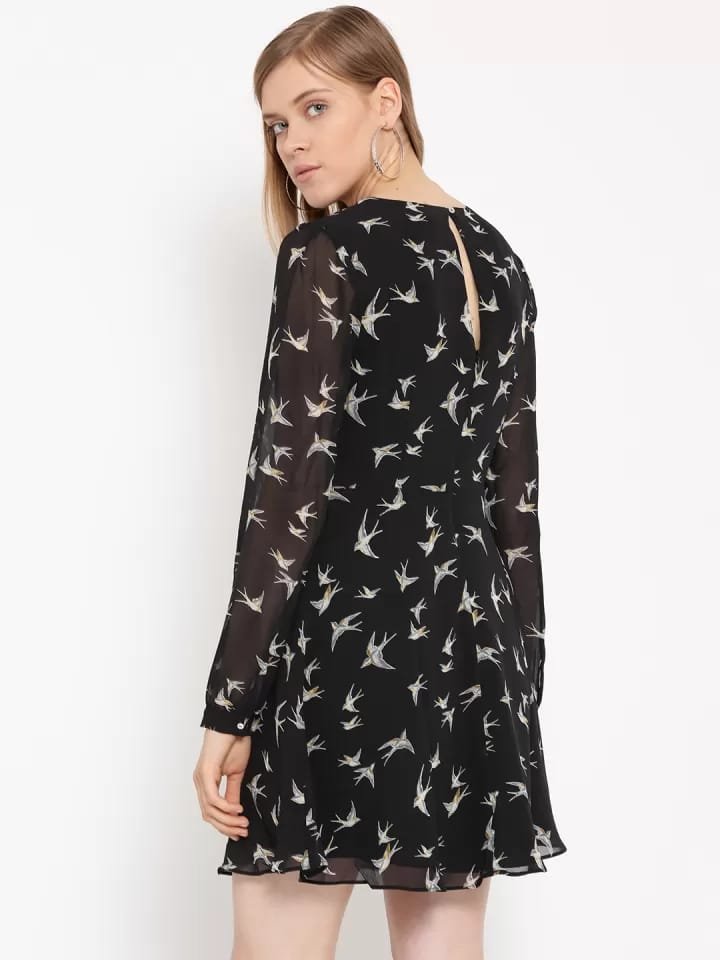 FOREVER 21 Black Sparrows Birds Printed A-Line Dress