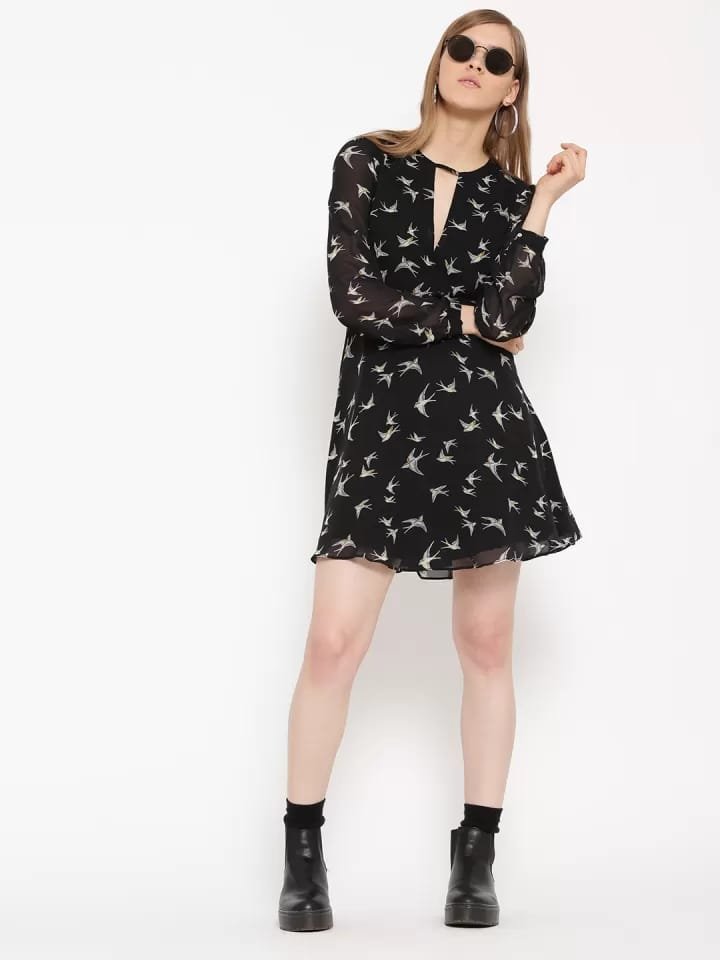 FOREVER 21 Black Sparrows Birds Printed A-Line Dress