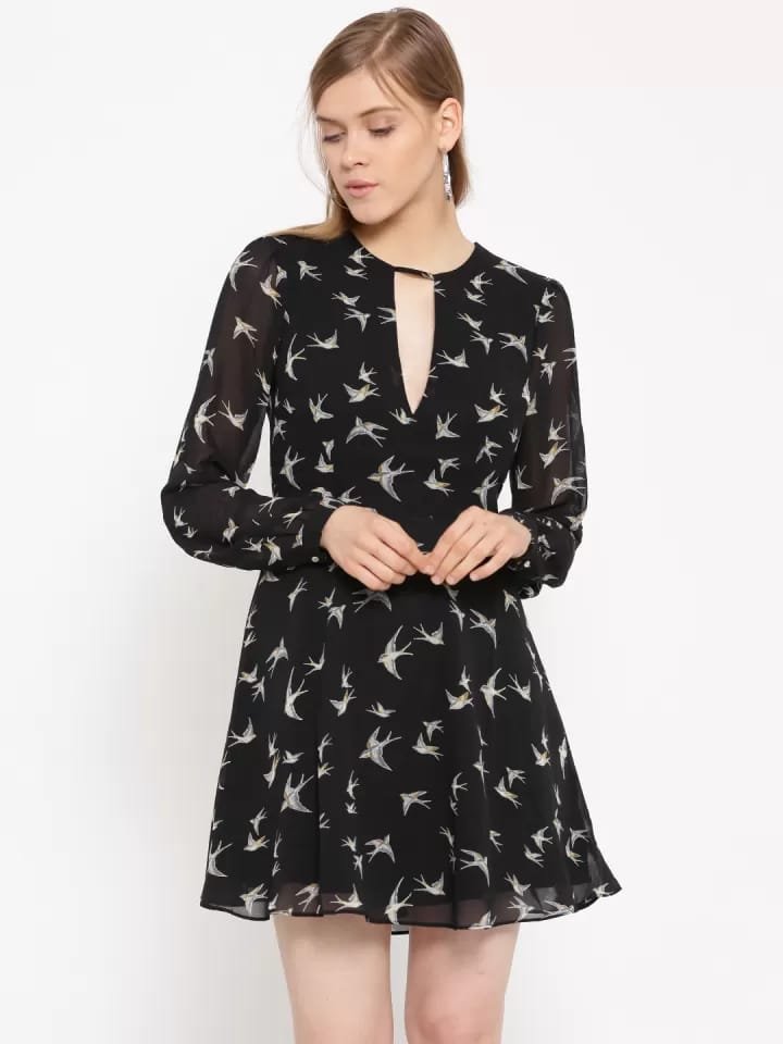 FOREVER 21 Black Sparrows Birds Printed A-Line Dress