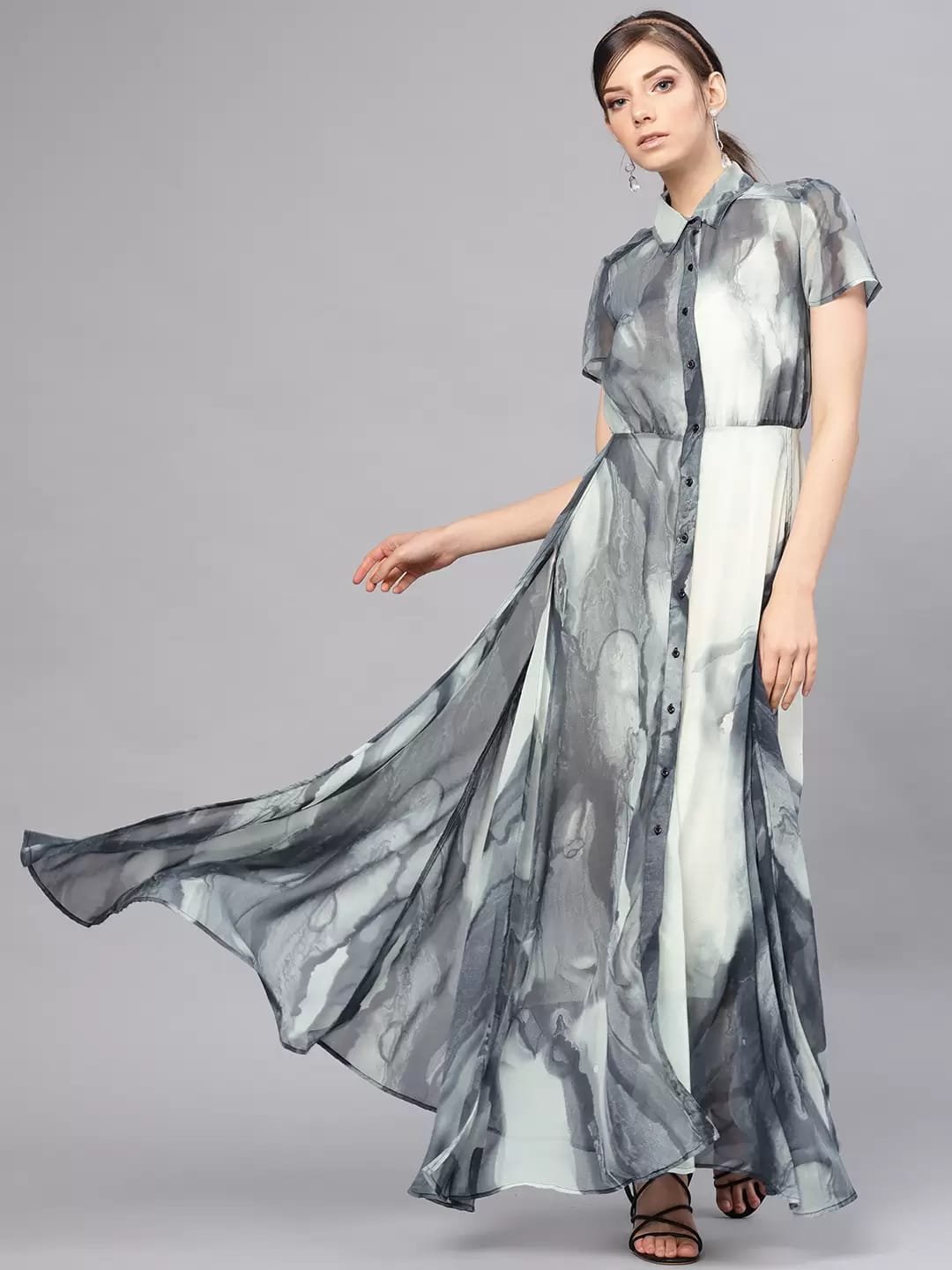 Grey and Off-white Semi Sheer Printed Maxi Dress