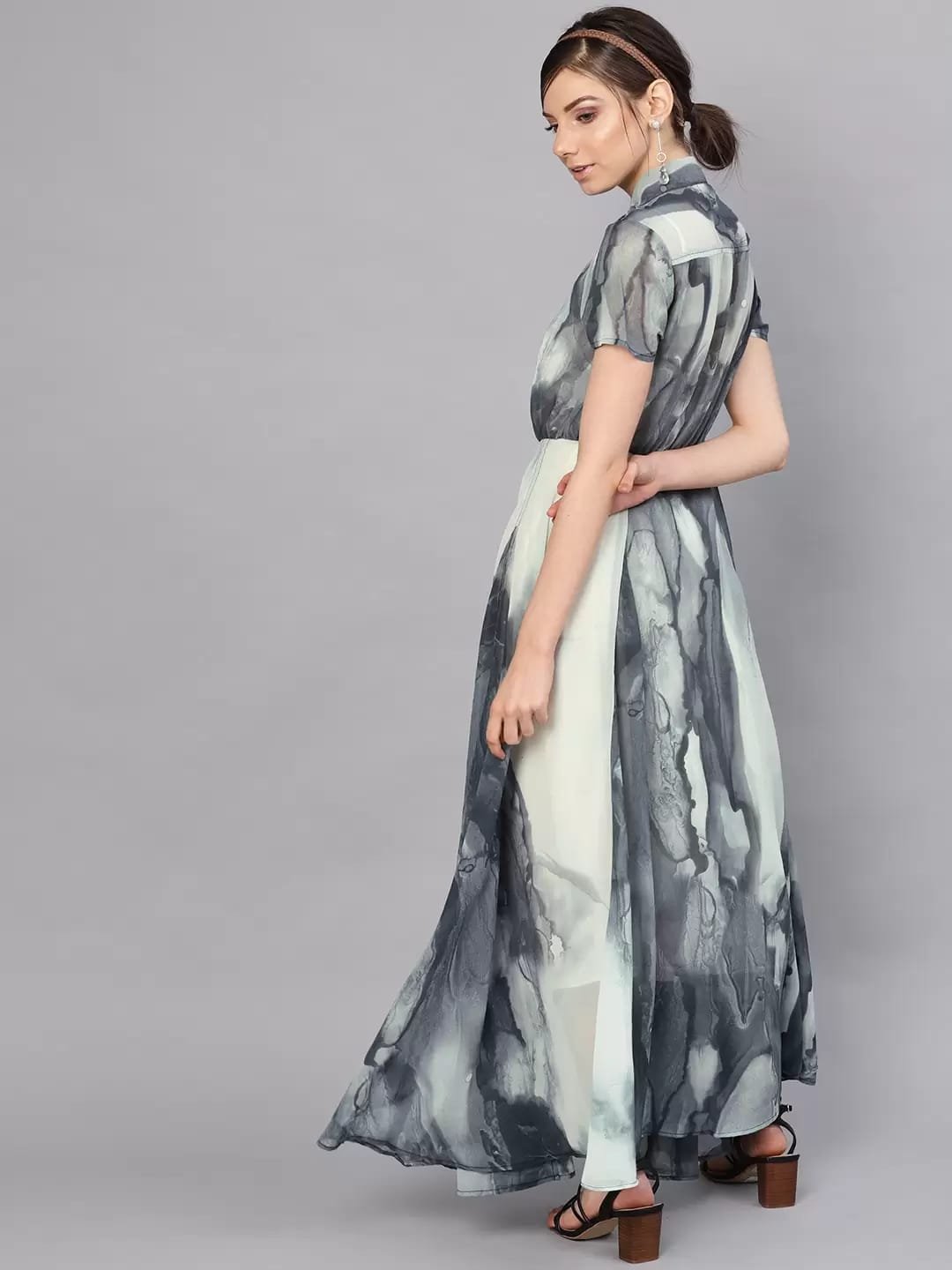 Grey and Off-white Semi Sheer Printed Maxi Dress