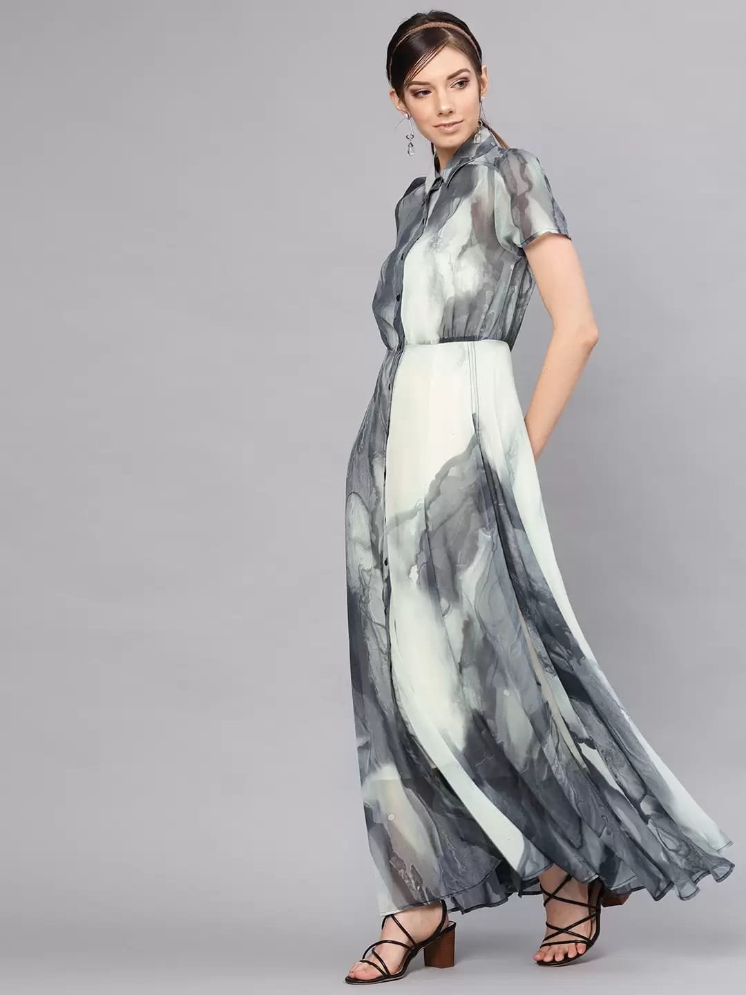 Grey and Off-white Semi Sheer Printed Maxi Dress