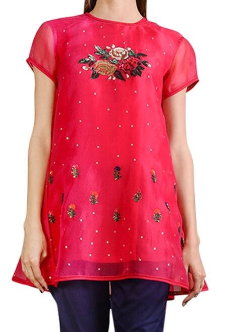 SAHIL KOCHHAR - Pink Organza Embroidered Floral Crew Neck Tunic