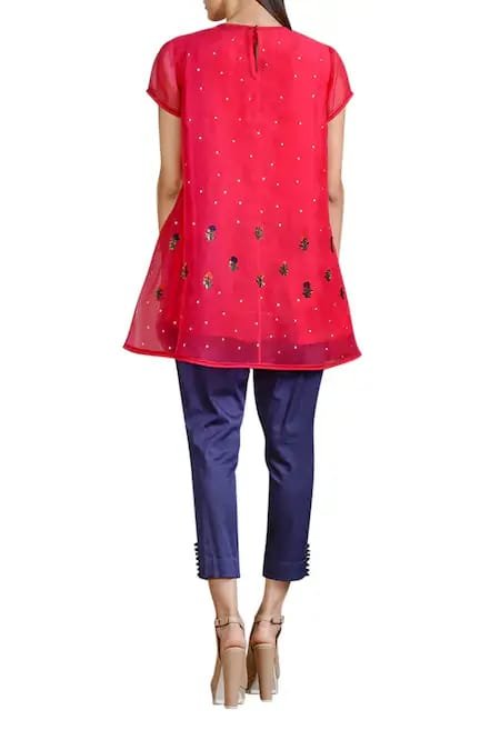SAHIL KOCHHAR - Pink Organza Embroidered Floral Crew Neck Tunic