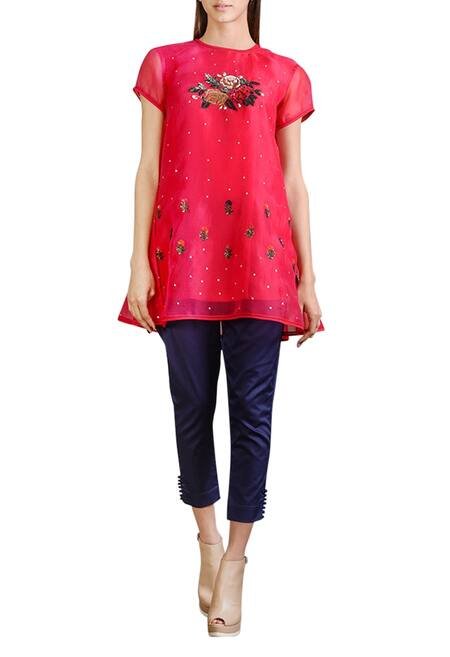 SAHIL KOCHHAR - Pink Organza Embroidered Floral Crew Neck Tunic