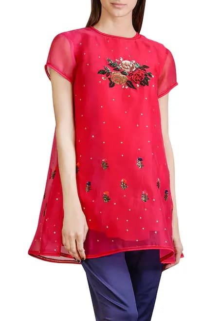 SAHIL KOCHHAR - Pink Organza Embroidered Floral Crew Neck Tunic