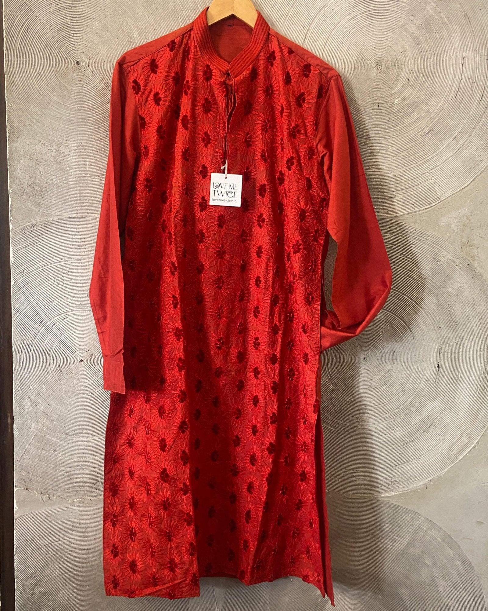 Red Long Embroidered Kurta with Churidar Set
