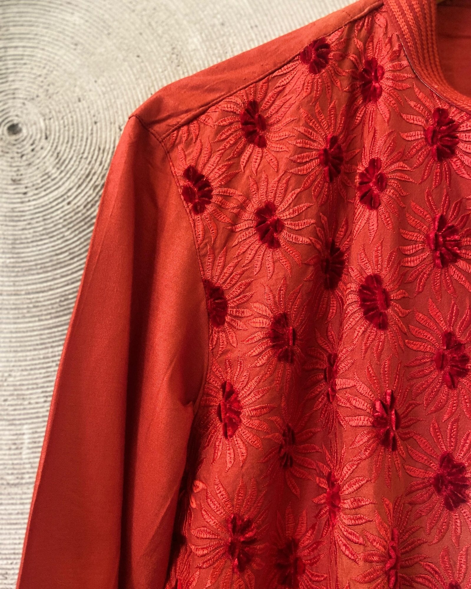 Red Long Embroidered Kurta with Churidar Set
