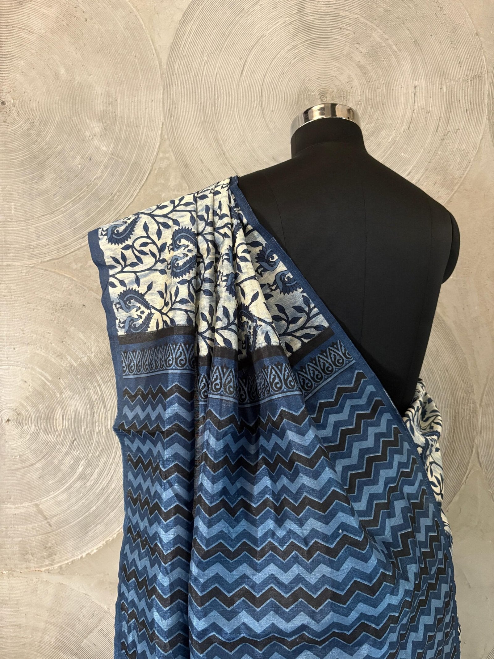 Blue and White Floral Printed Ready to Wear Sari
