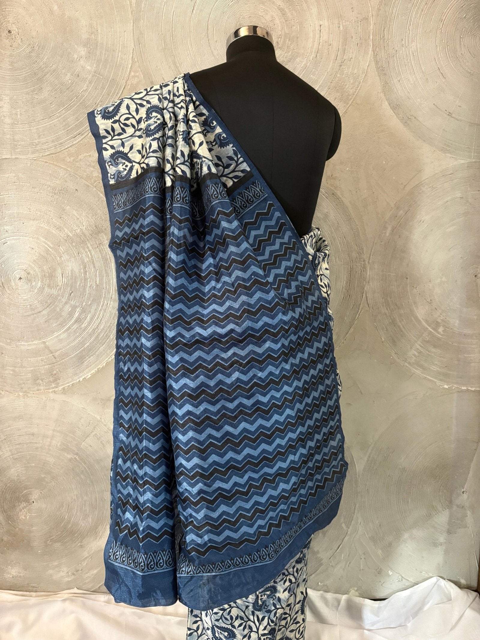 Blue and White Floral Printed Ready to Wear Sari