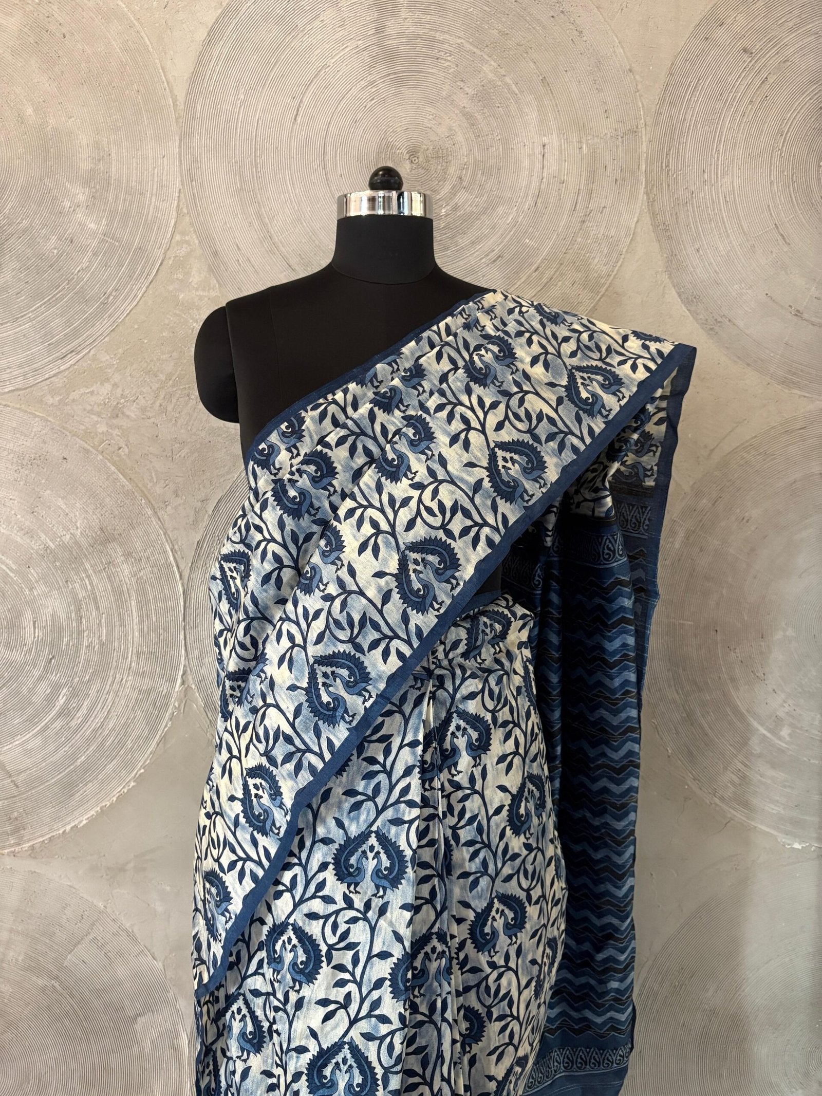 Blue and White Floral Printed Ready to Wear Sari