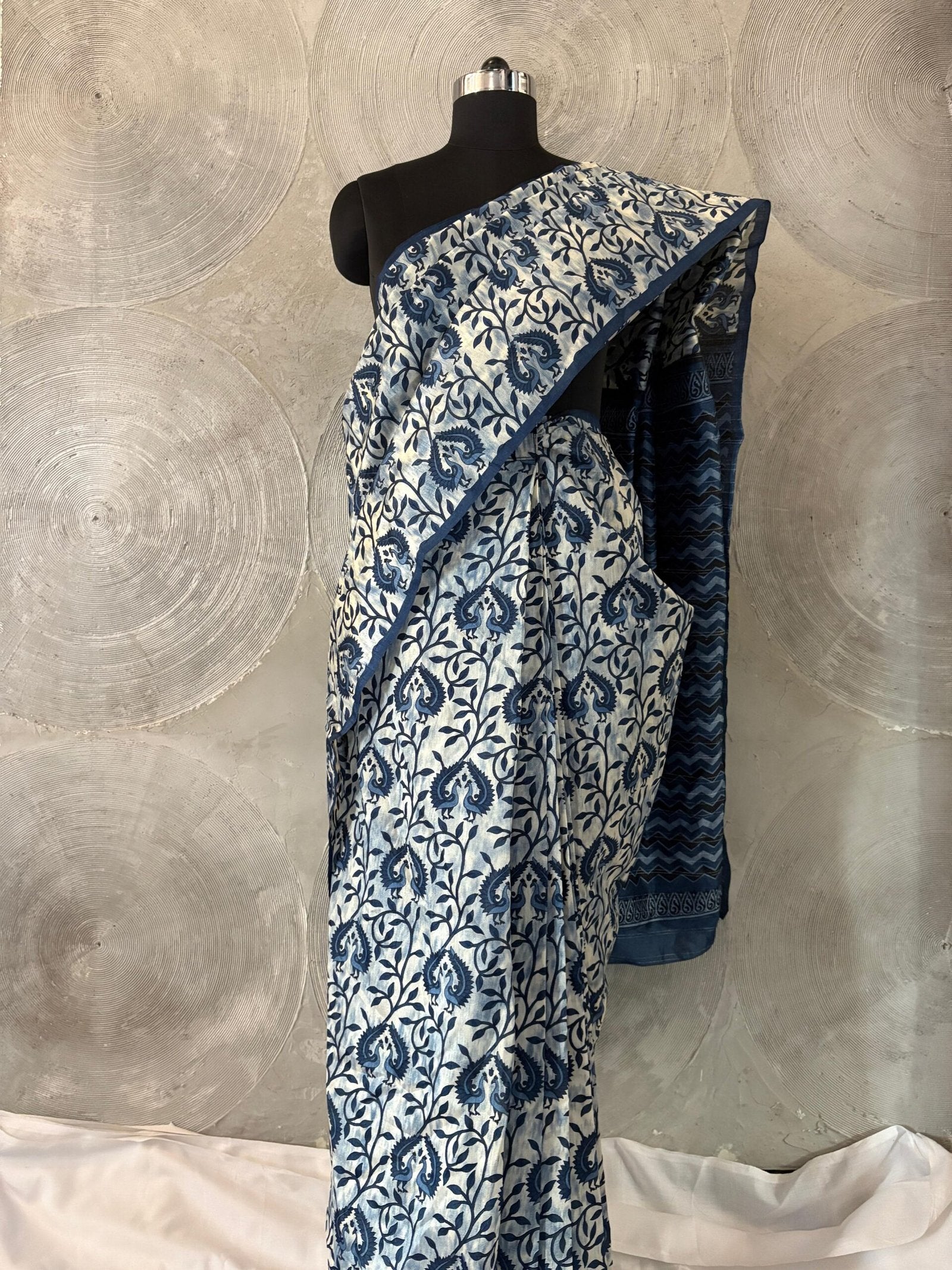 Blue and White Floral Printed Ready to Wear Sari