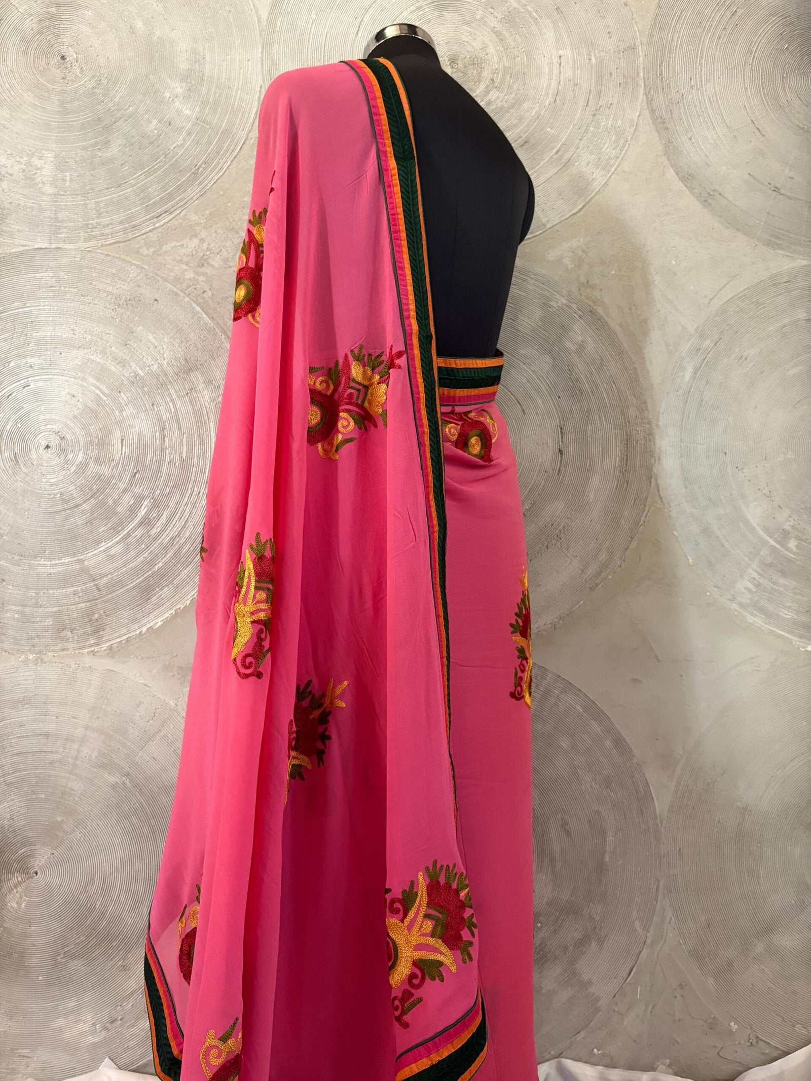 Pink Georgette Sari with Green Border & Full Embroidered Work