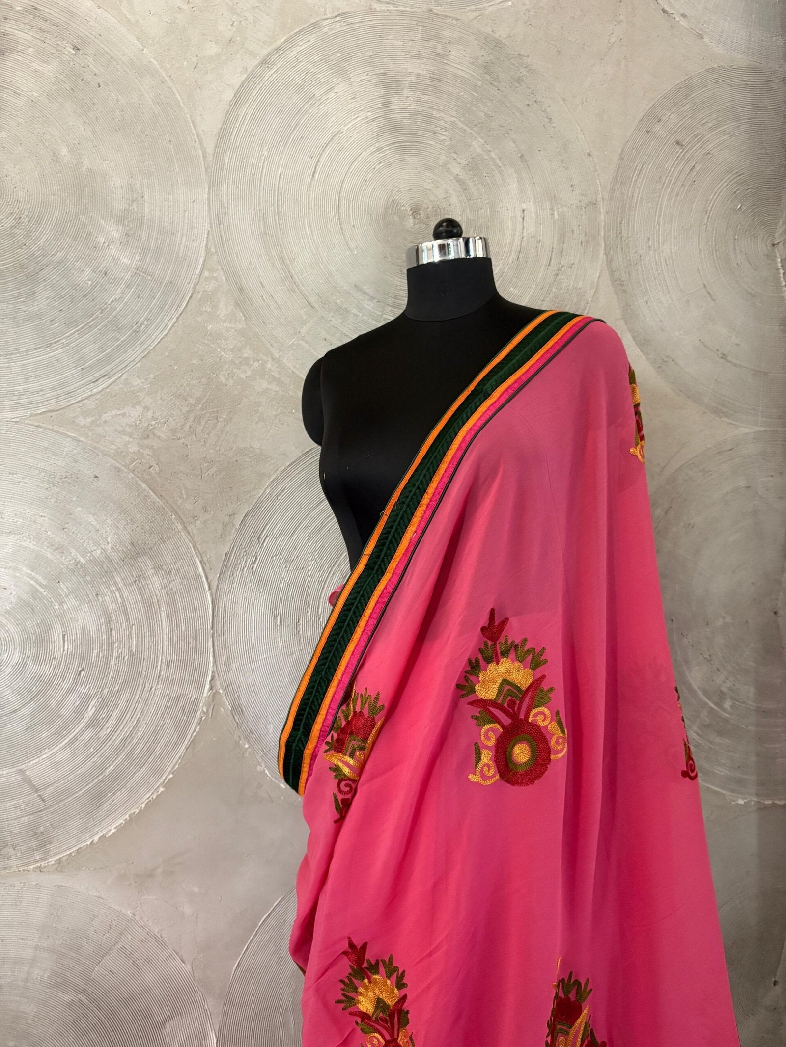 Pink Georgette Sari with Green Border & Full Embroidered Work