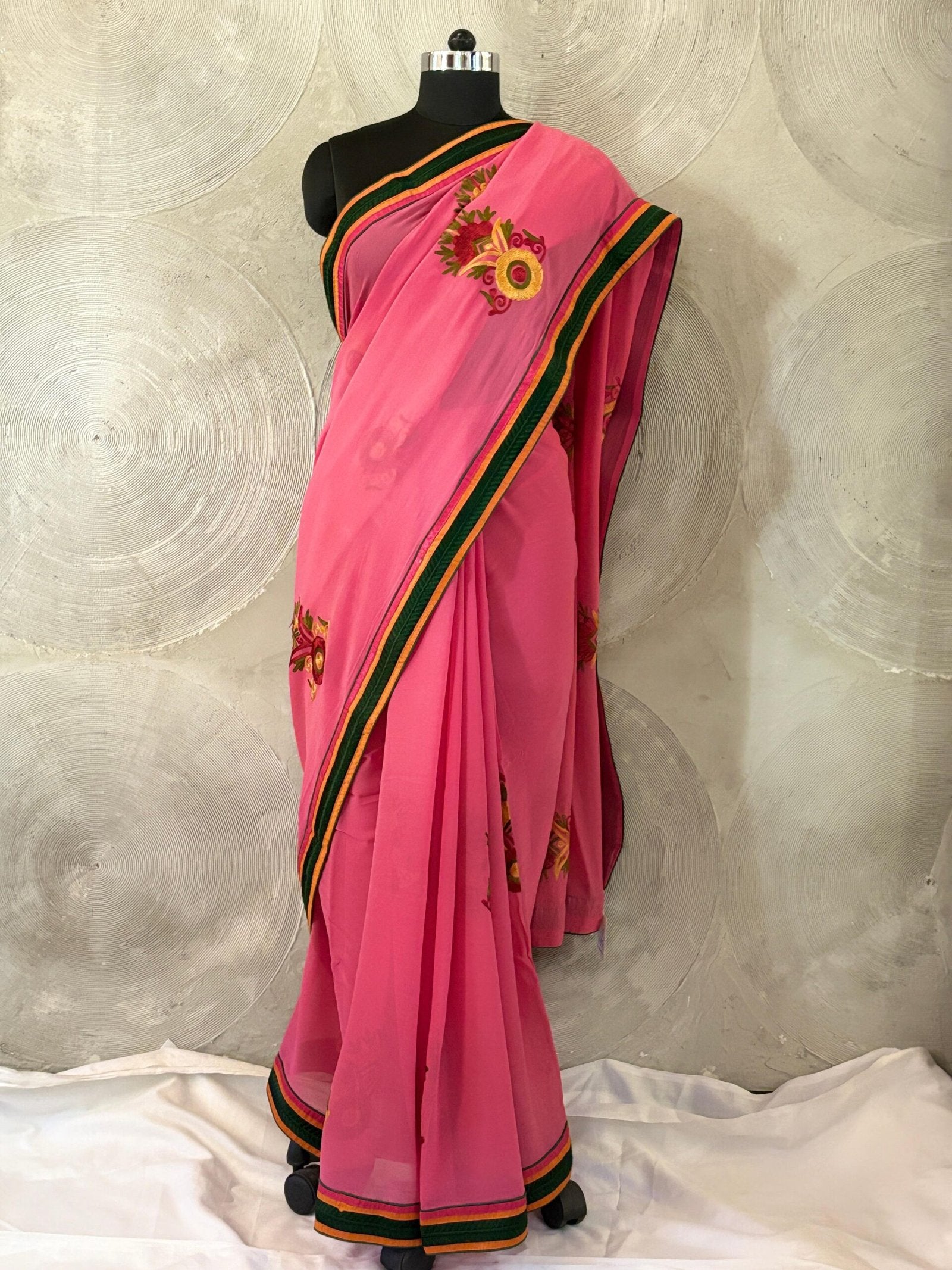 Pink Georgette Sari with Green Border & Full Embroidered Work