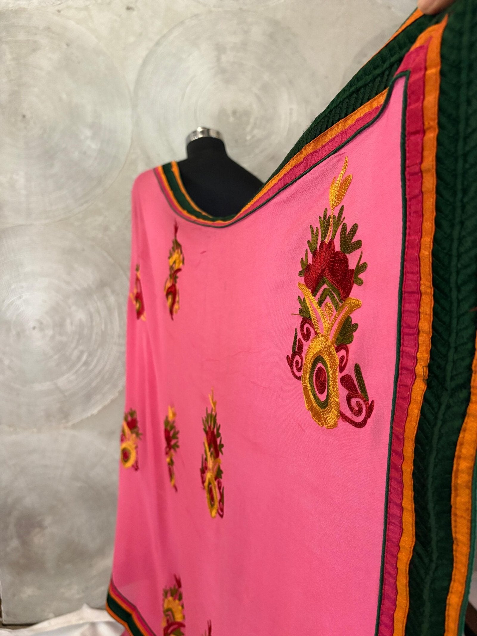 Pink Georgette Sari with Green Border & Full Embroidered Work