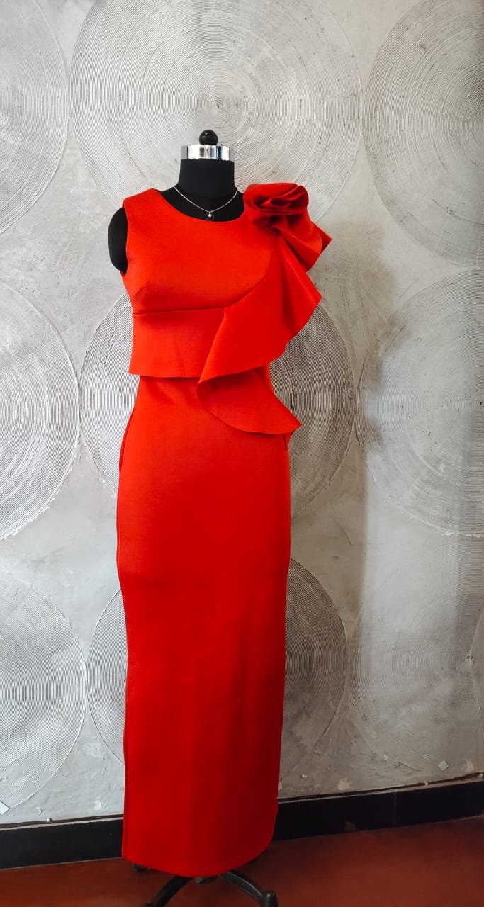 MISS Y- Red Ruffle Sleeveless Bodycon Long Party Pencil Midi Dress