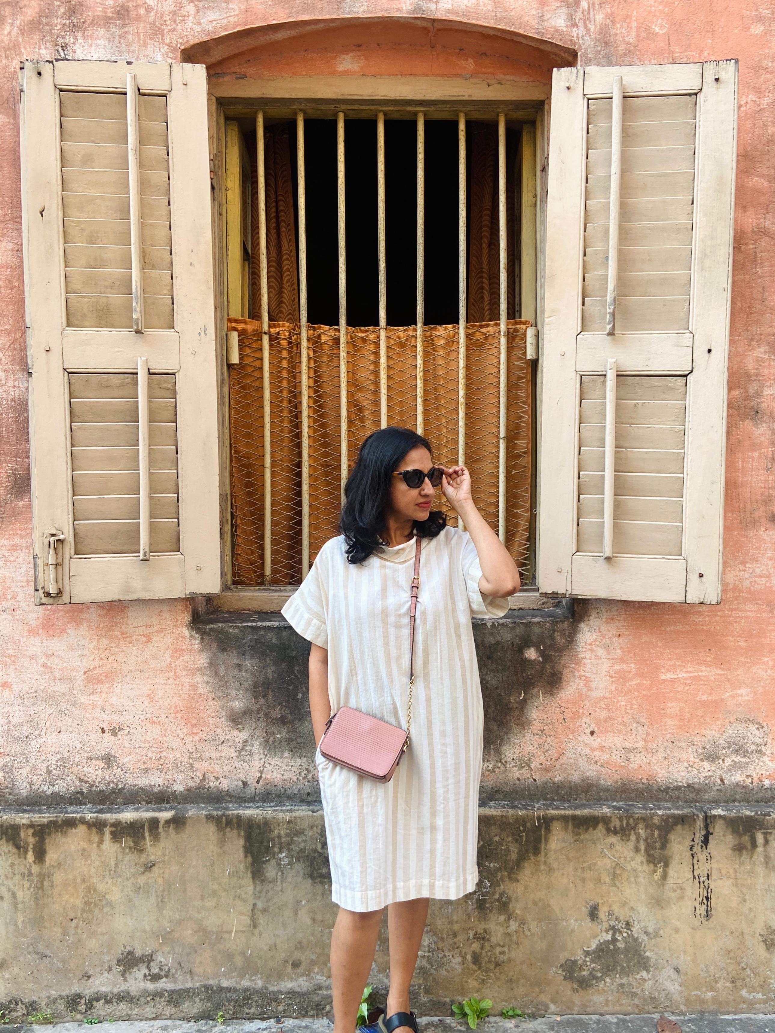 COTTONWORLD - Cream and Beige Striped Cowl Neck Dress