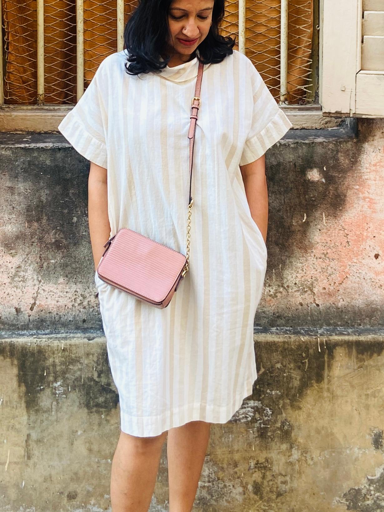 COTTONWORLD - Cream and Beige Striped Cowl Neck Dress