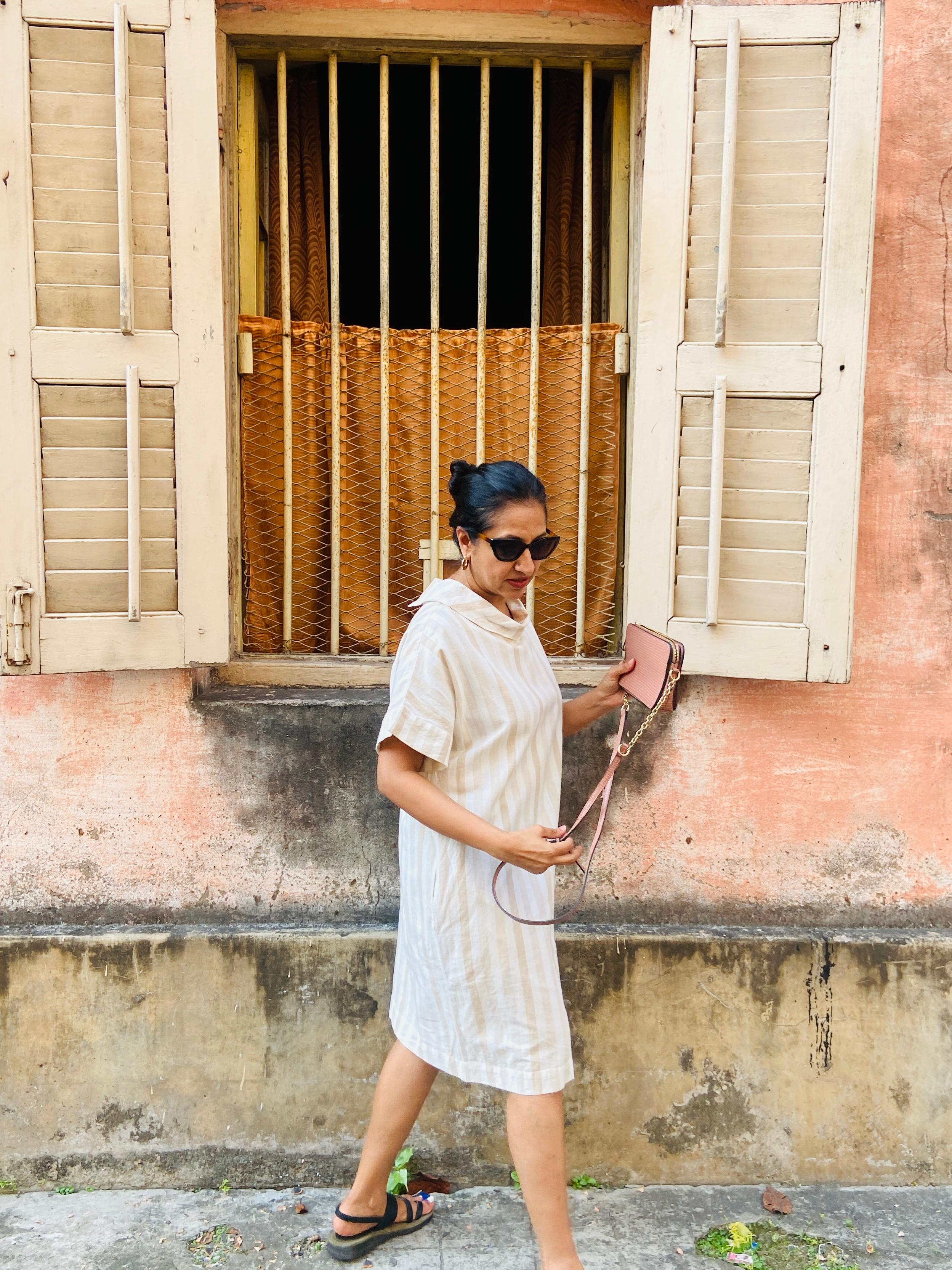 COTTONWORLD - Cream and Beige Striped Cowl Neck Dress