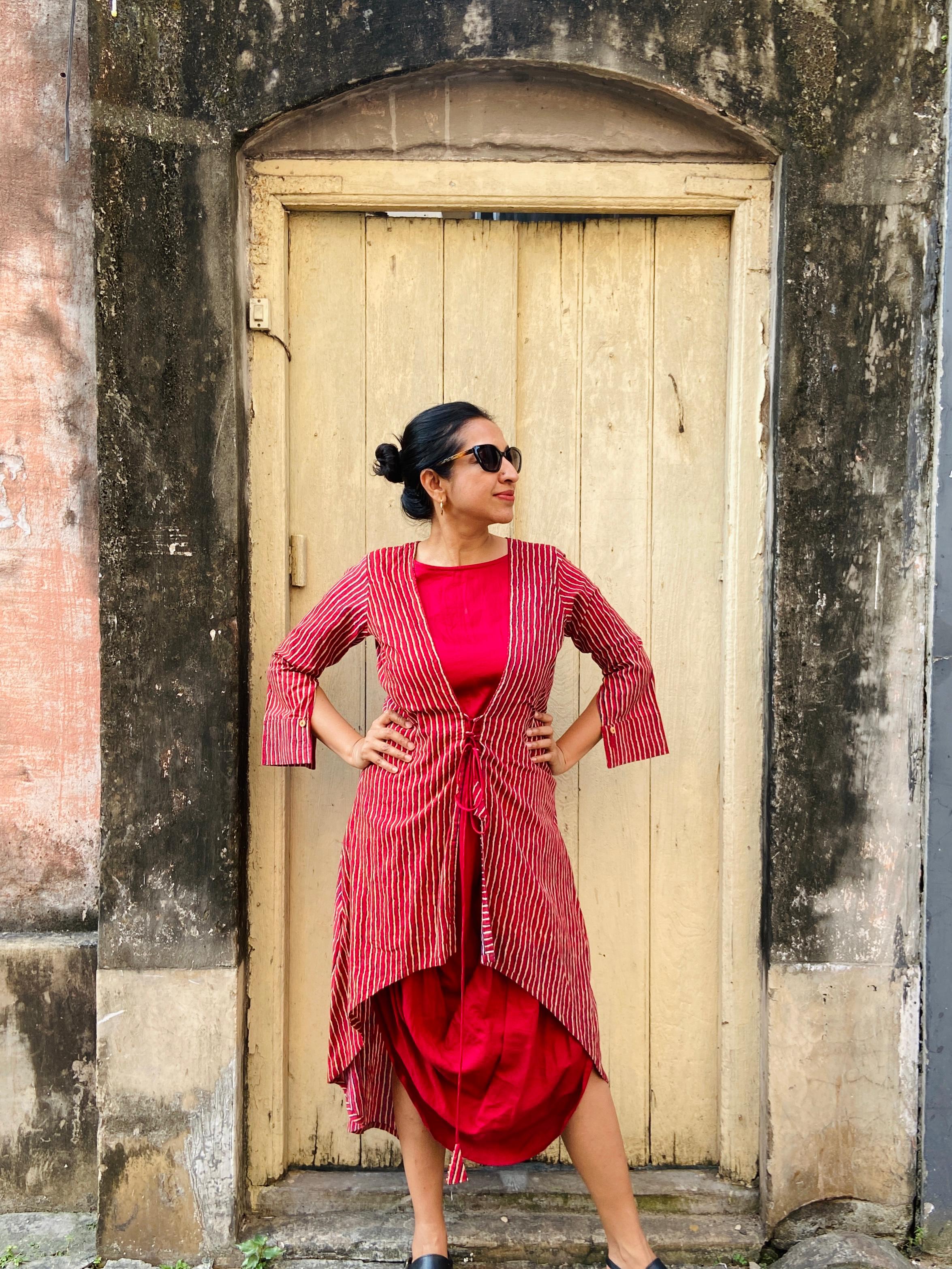 Maroon and Beige Striped Dress with Cowl Hemline