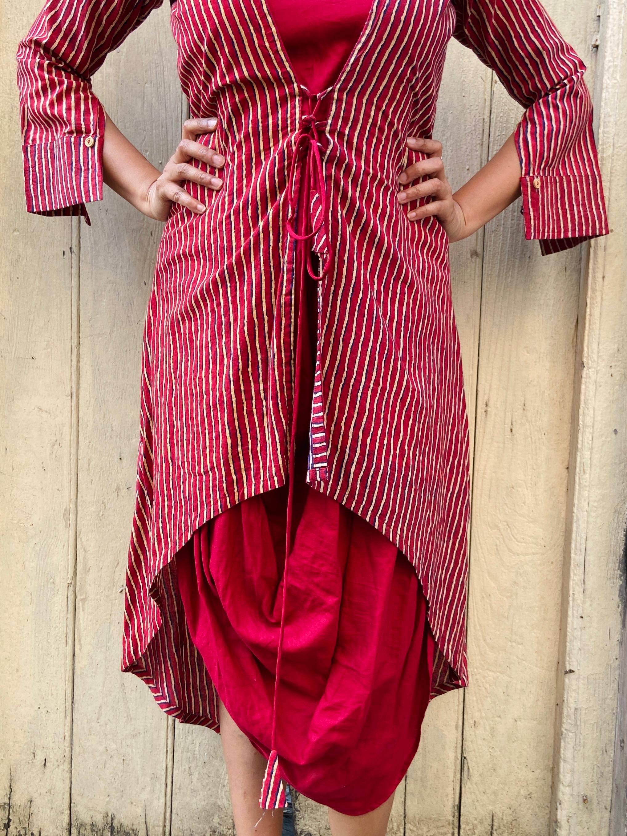Maroon and Beige Striped Dress with Cowl Hemline