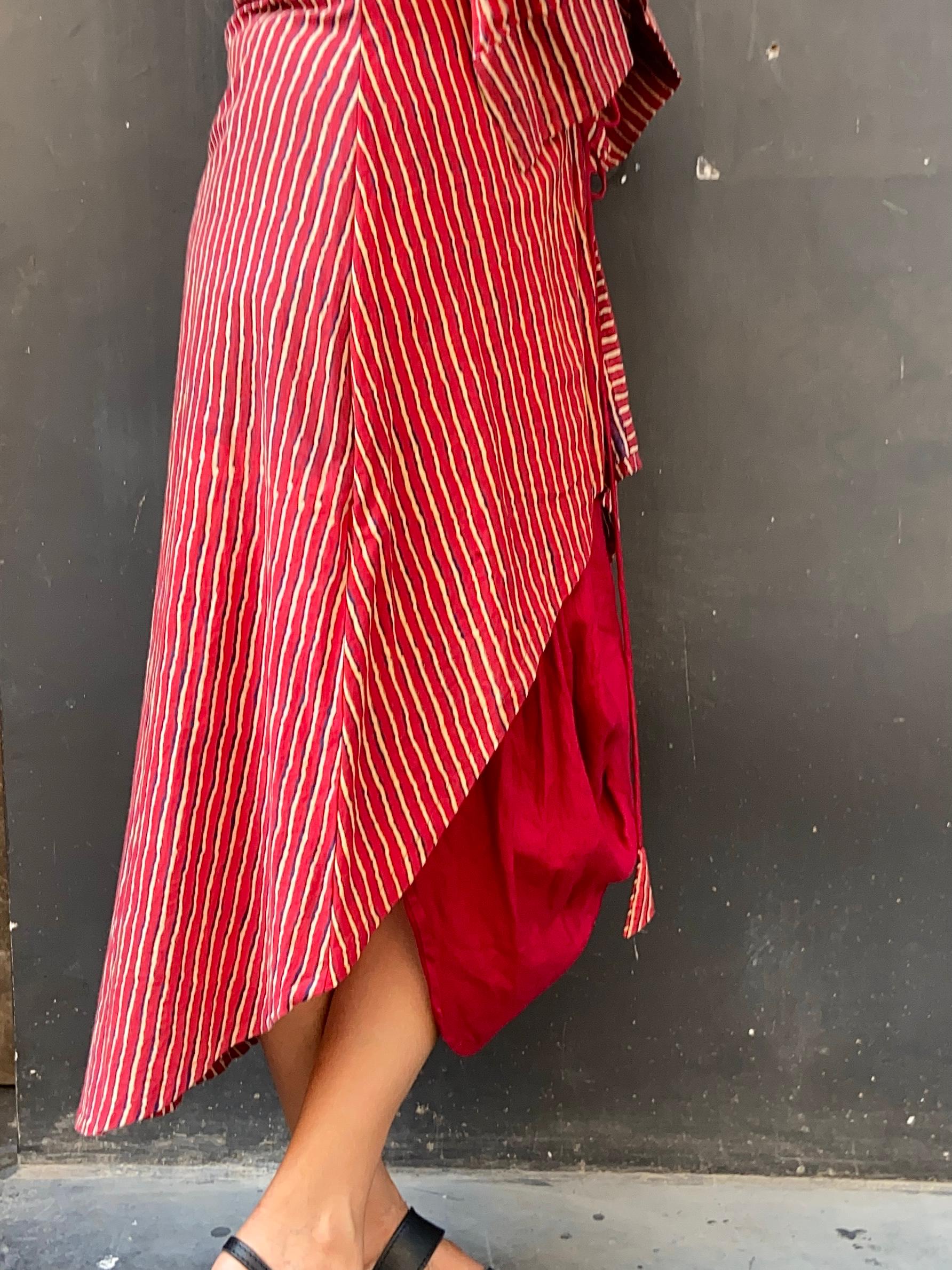 Maroon and Beige Striped Dress with Cowl Hemline
