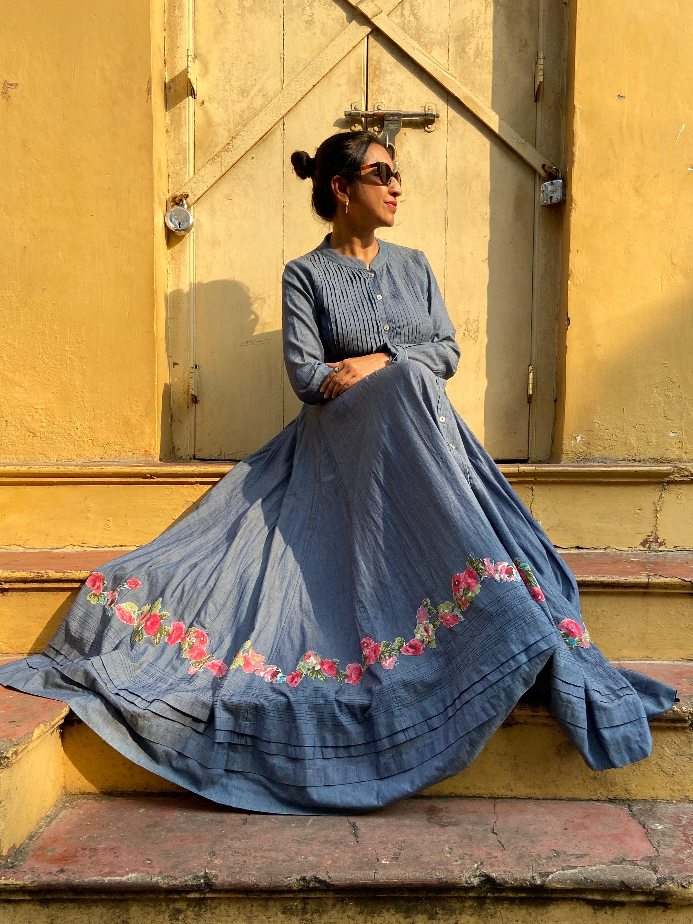 AMRAPALI - Grey-Blue Denim Long Dress