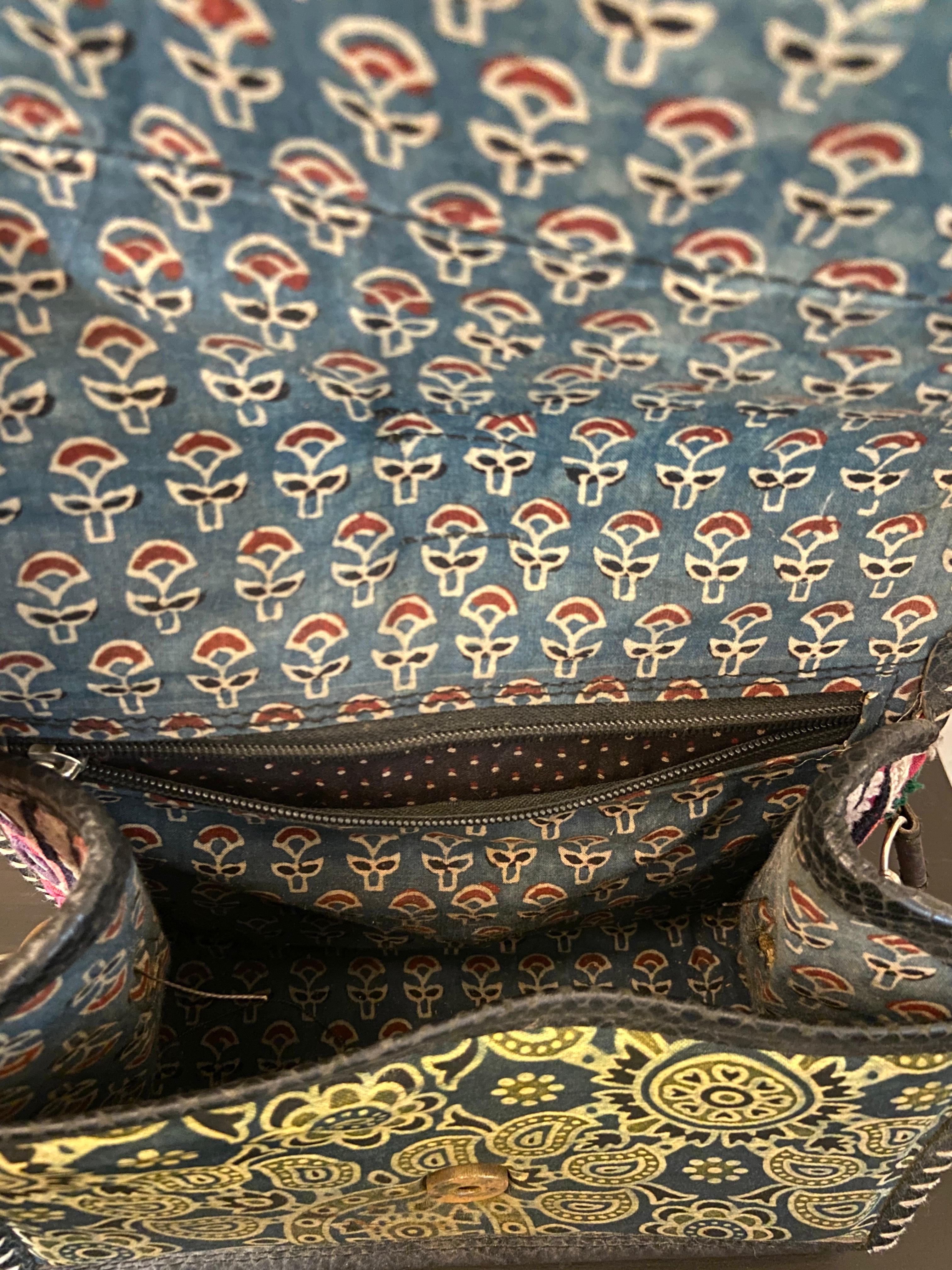 Olive Green &  Blue Ajrakh Print Sling Bag