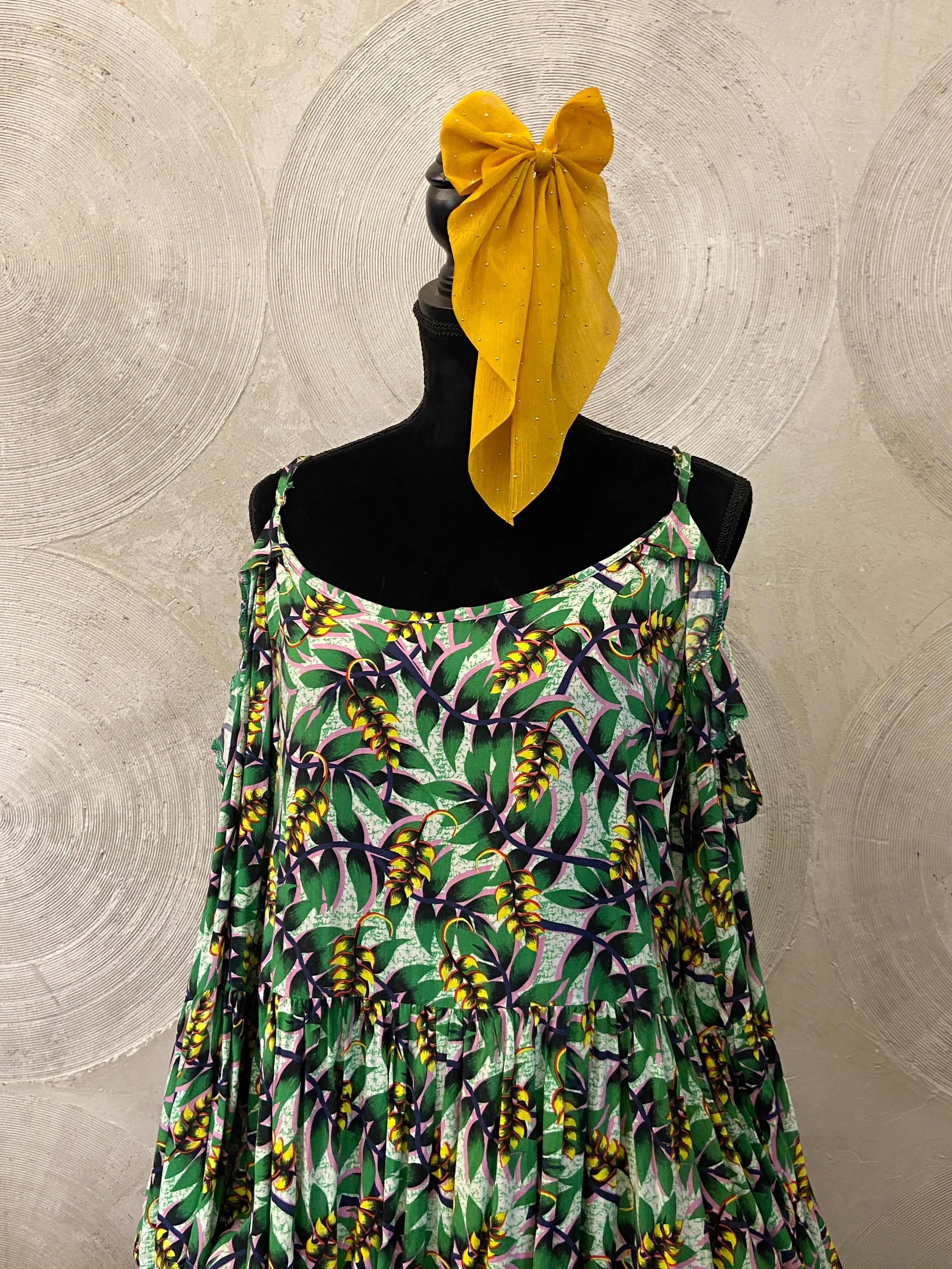 Green & Yellow Leaf Print Cold Shoulder Top