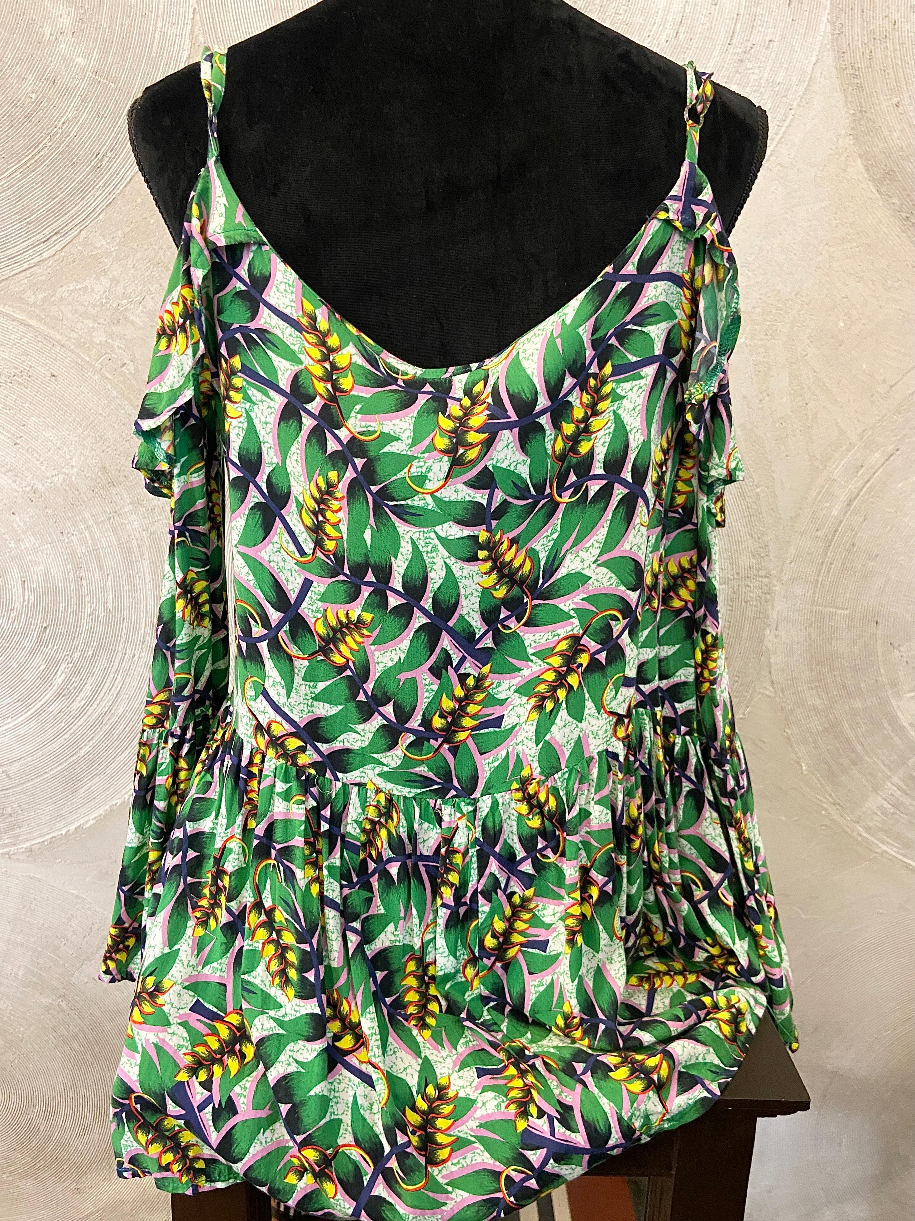 Green & Yellow Leaf Print Cold Shoulder Top