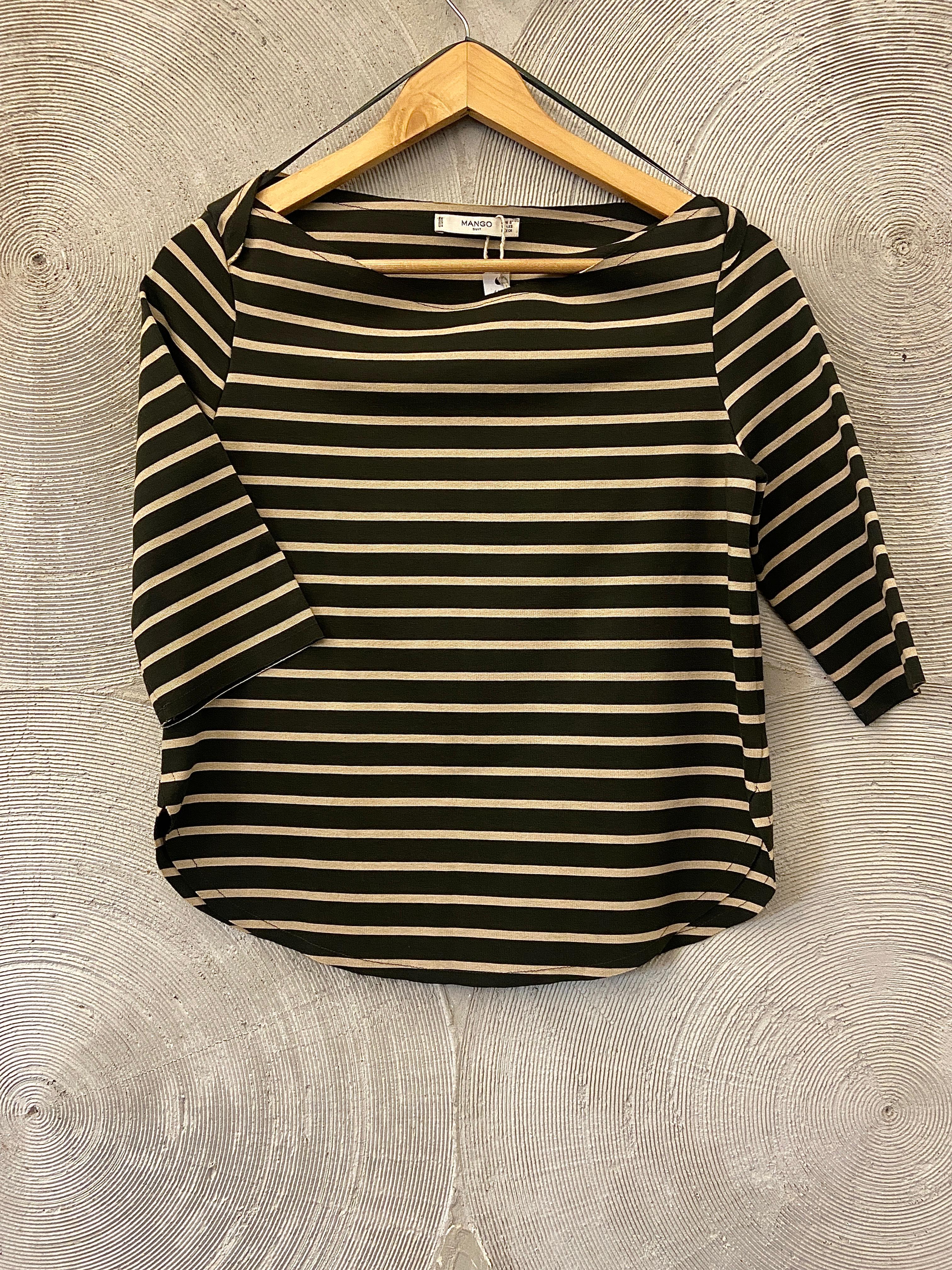 MANGO - Dark Olive and Beige Striped Top