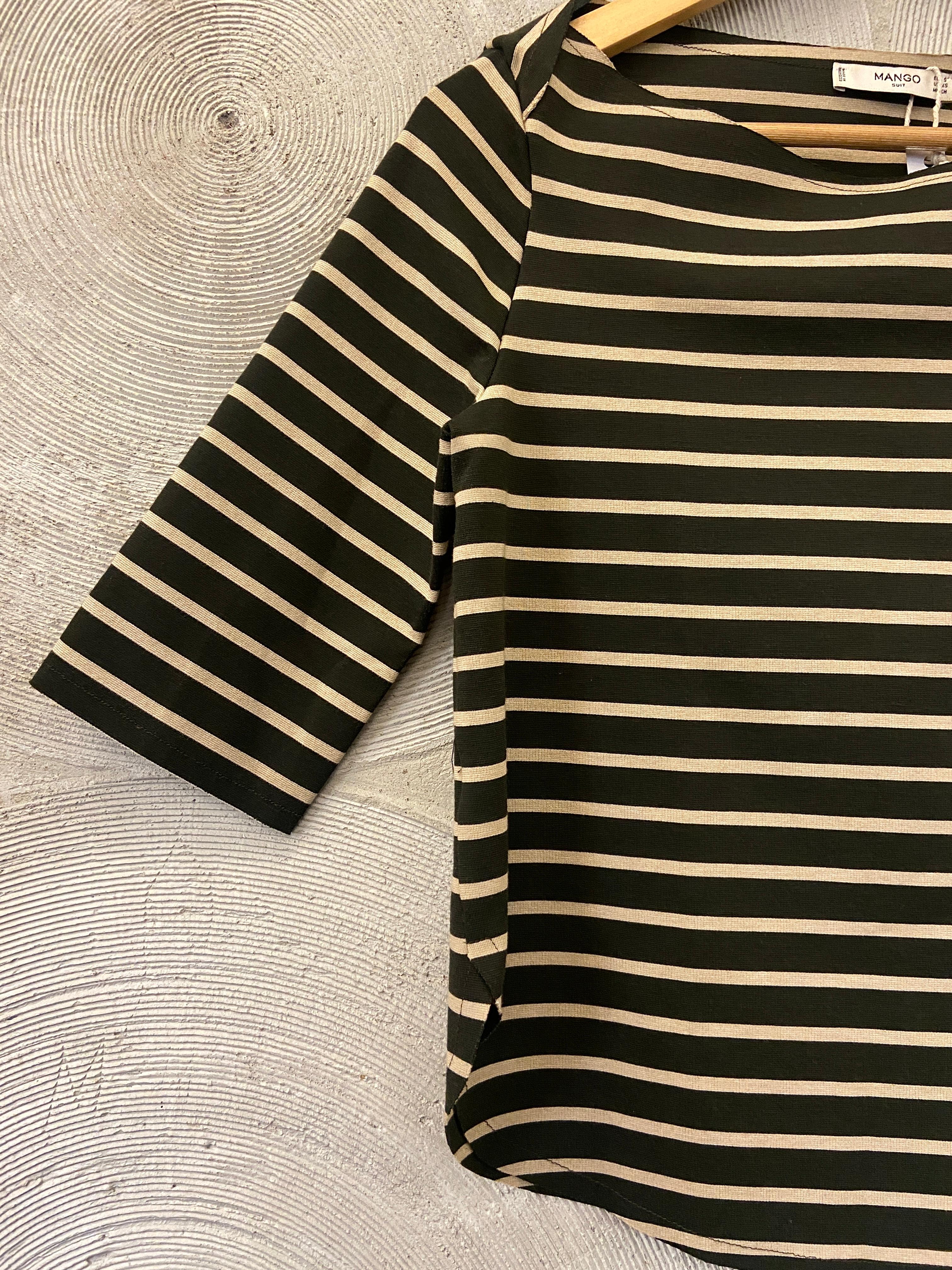 MANGO - Dark Olive and Beige Striped Top