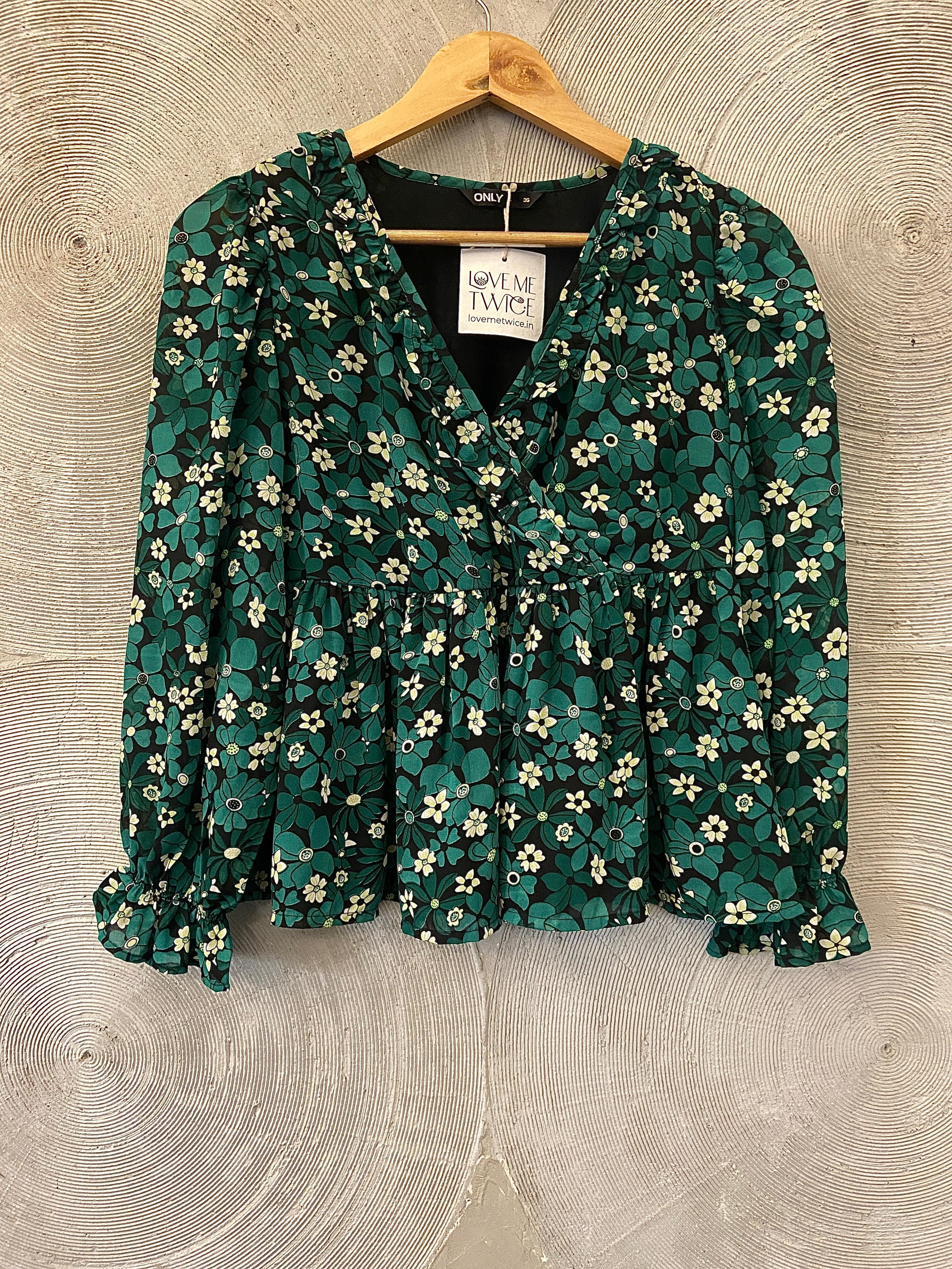 ONLY - Green Printed V Neck Peplum Top