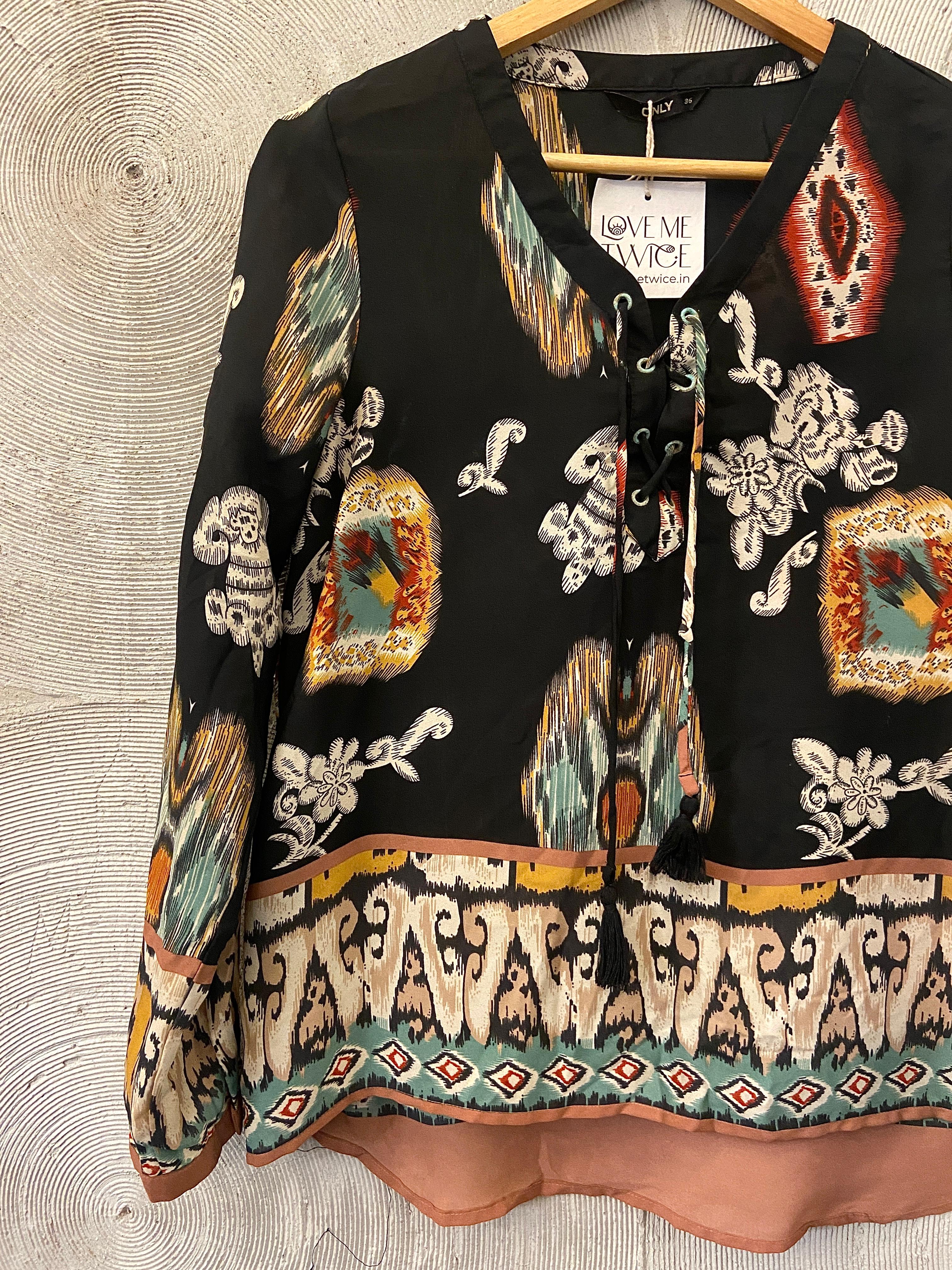 ONLY - Black Ikat Print Tie-up Top