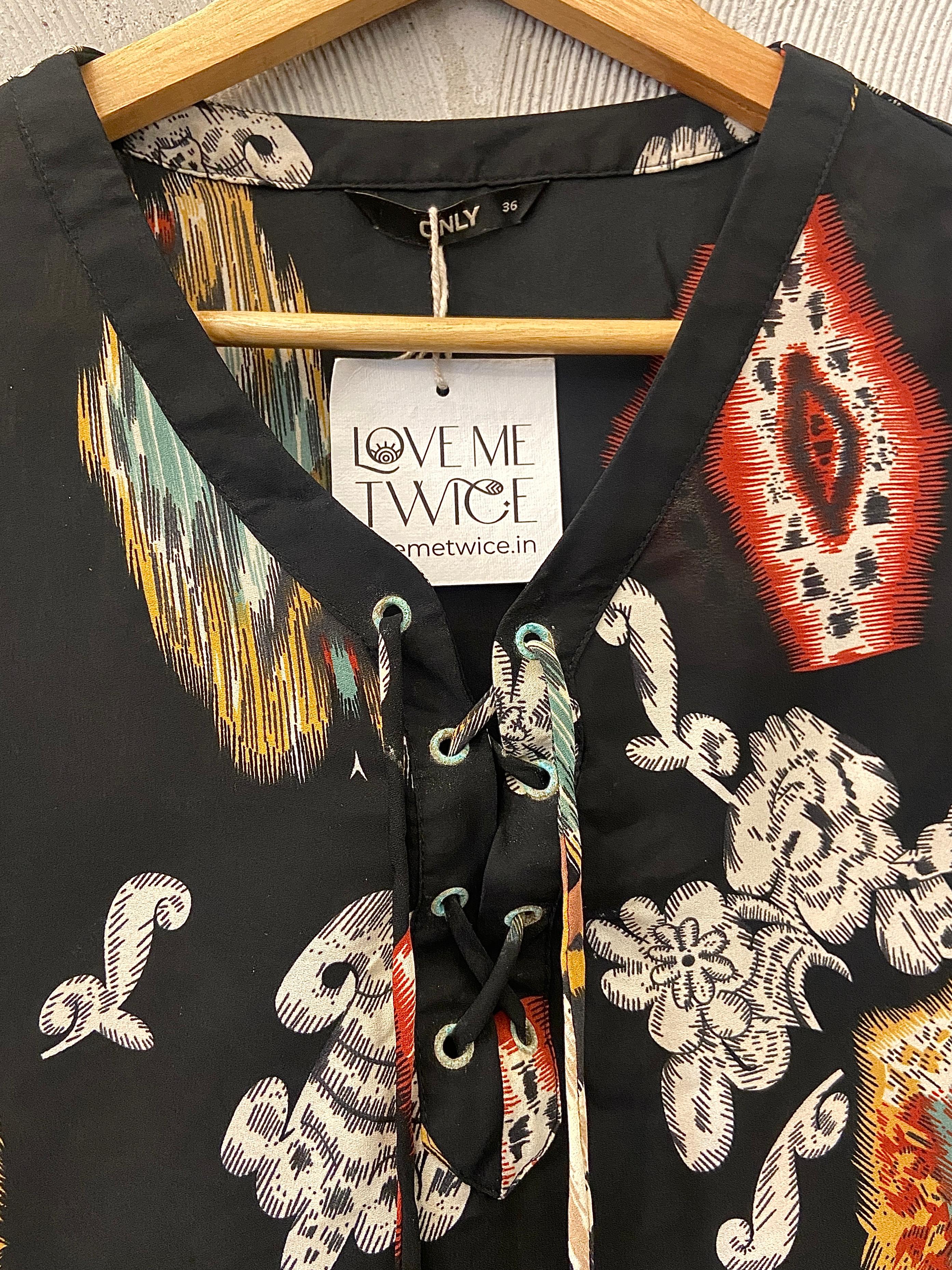 ONLY - Black Ikat Print Tie-up Top