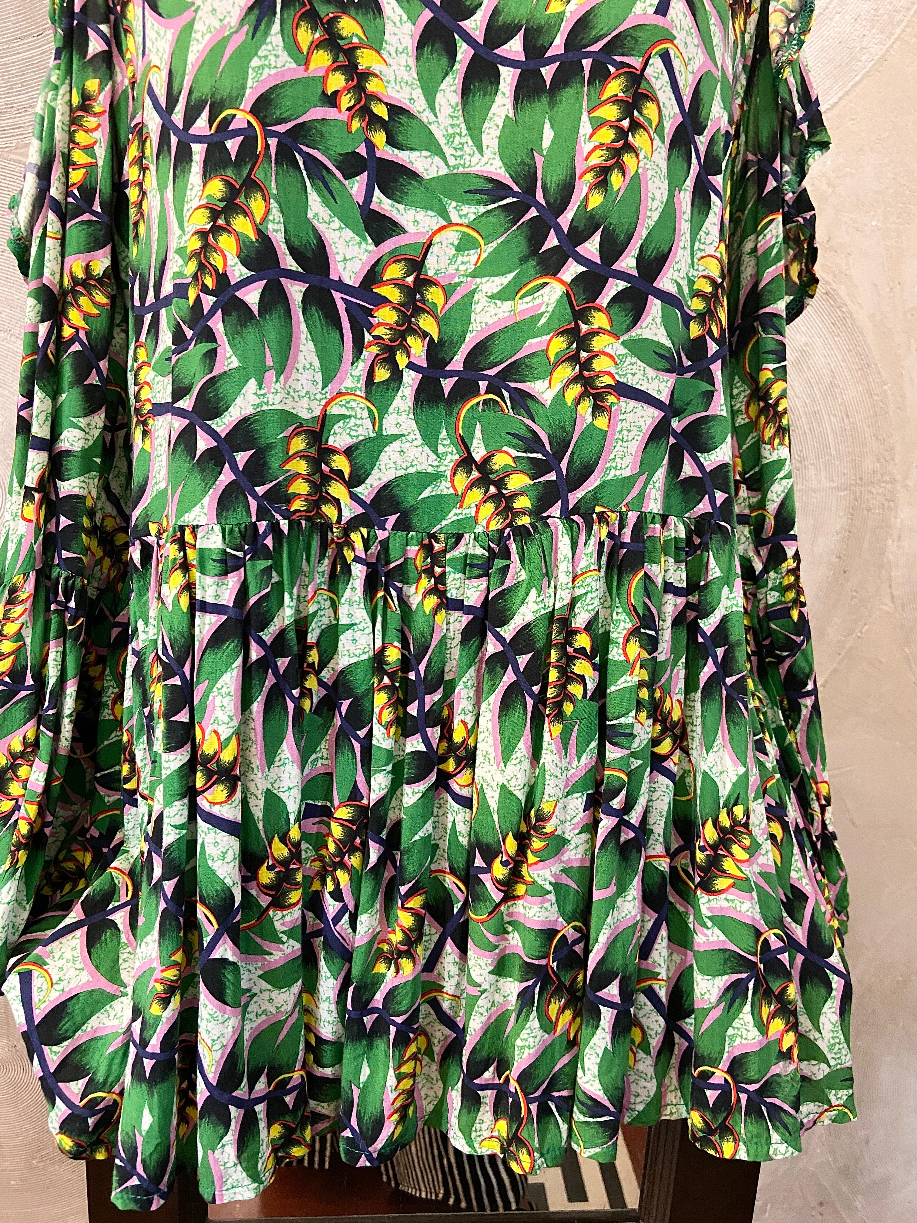 Green & Yellow Leaf Print Cold Shoulder Top