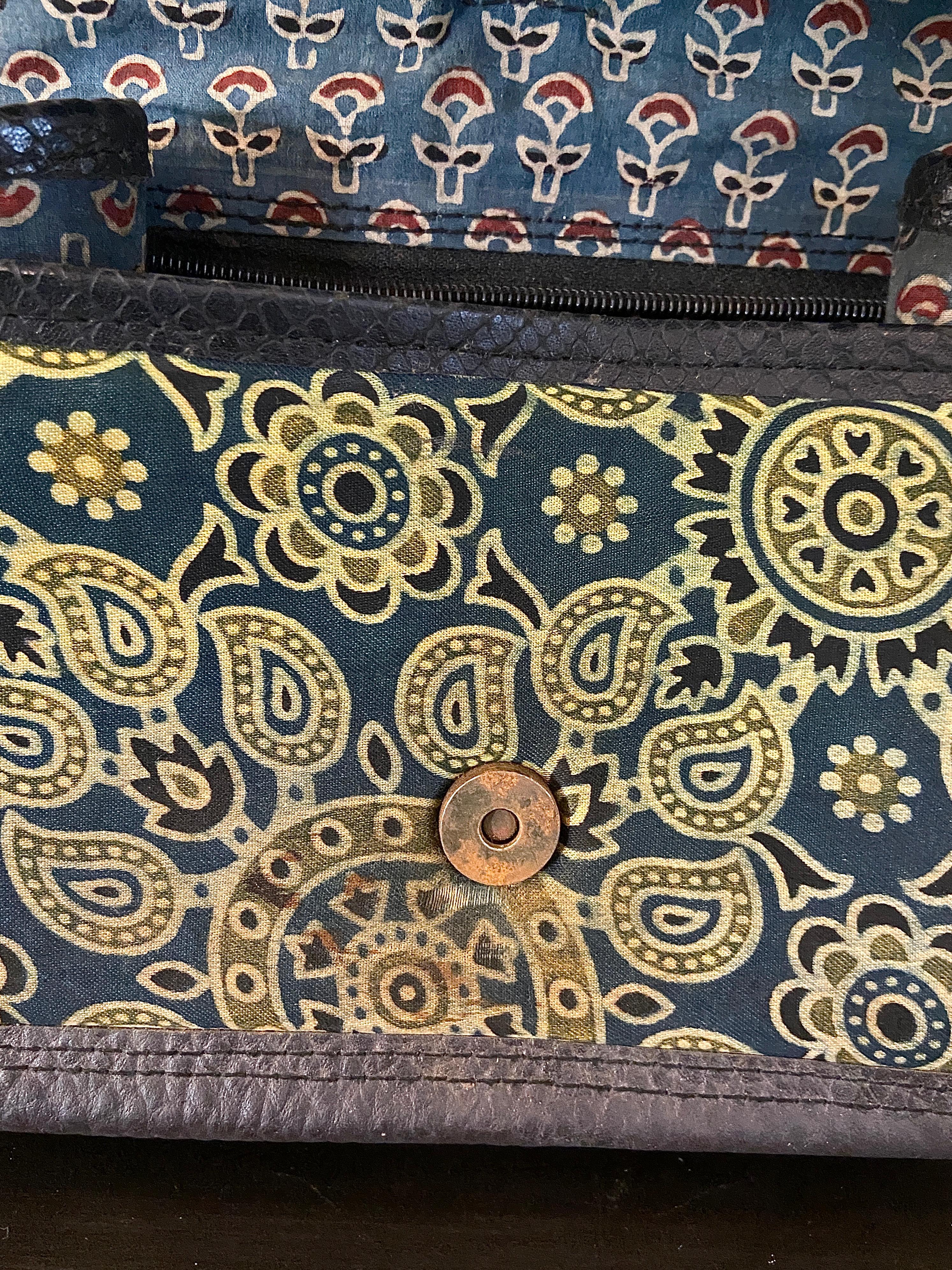 Olive Green &  Blue Ajrakh Print Sling Bag