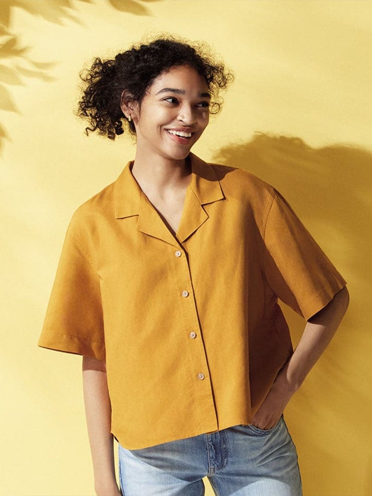 UNIQLO - Linen Blend Open Collar Button Down Short Sleeves Oversized Shirt