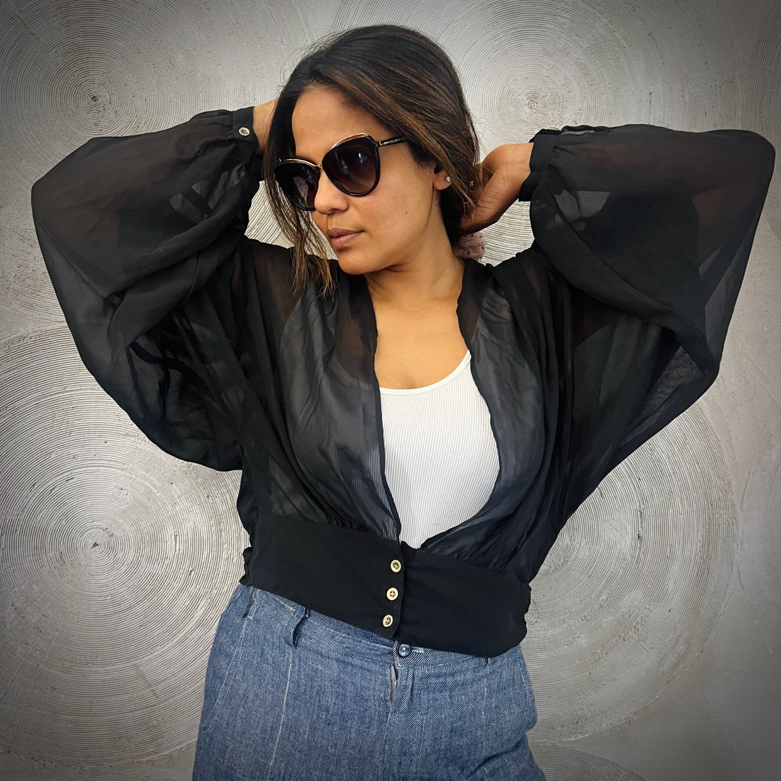 Cropped sheer black top