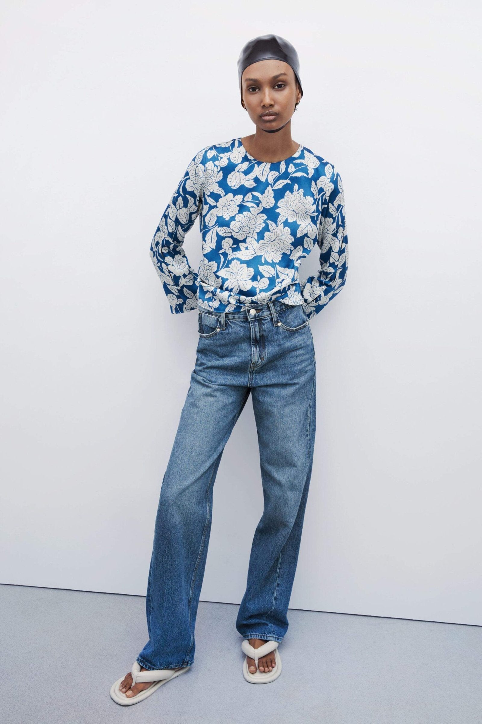ZARA- Blue and White Printed Satin Blouse