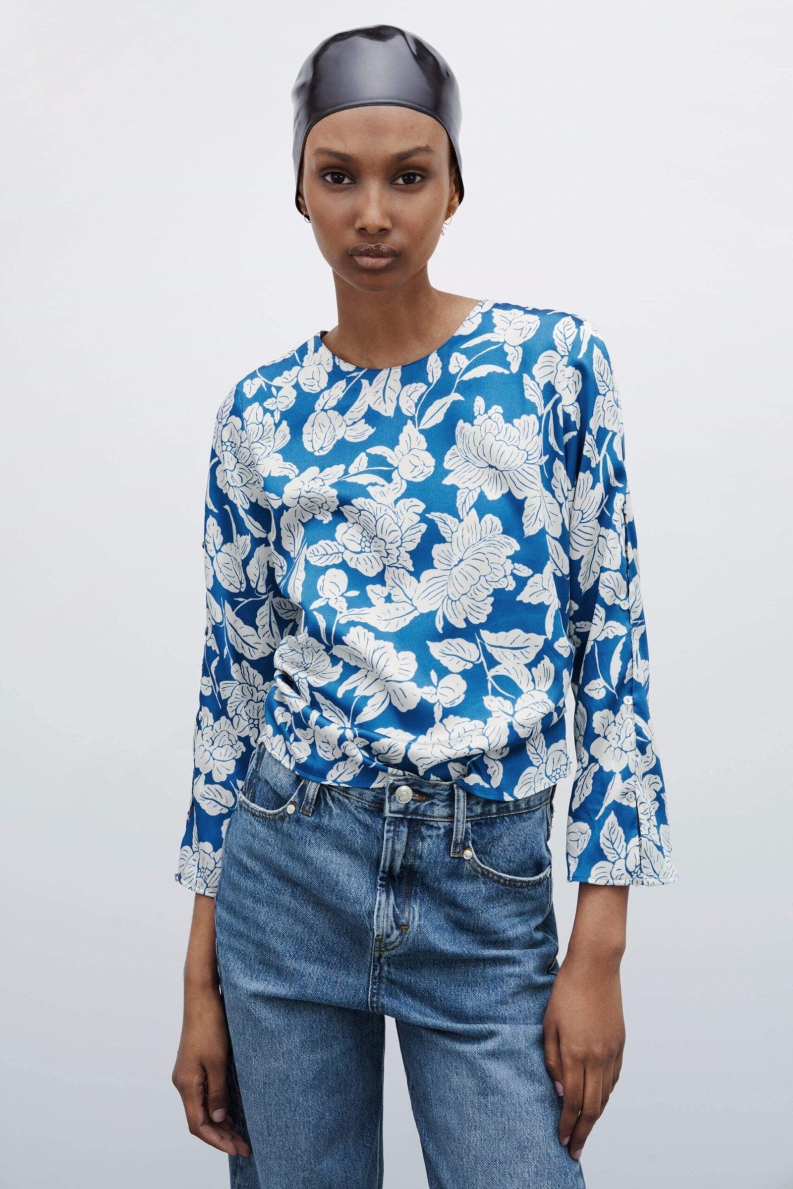 ZARA- Blue and White Printed Satin Blouse