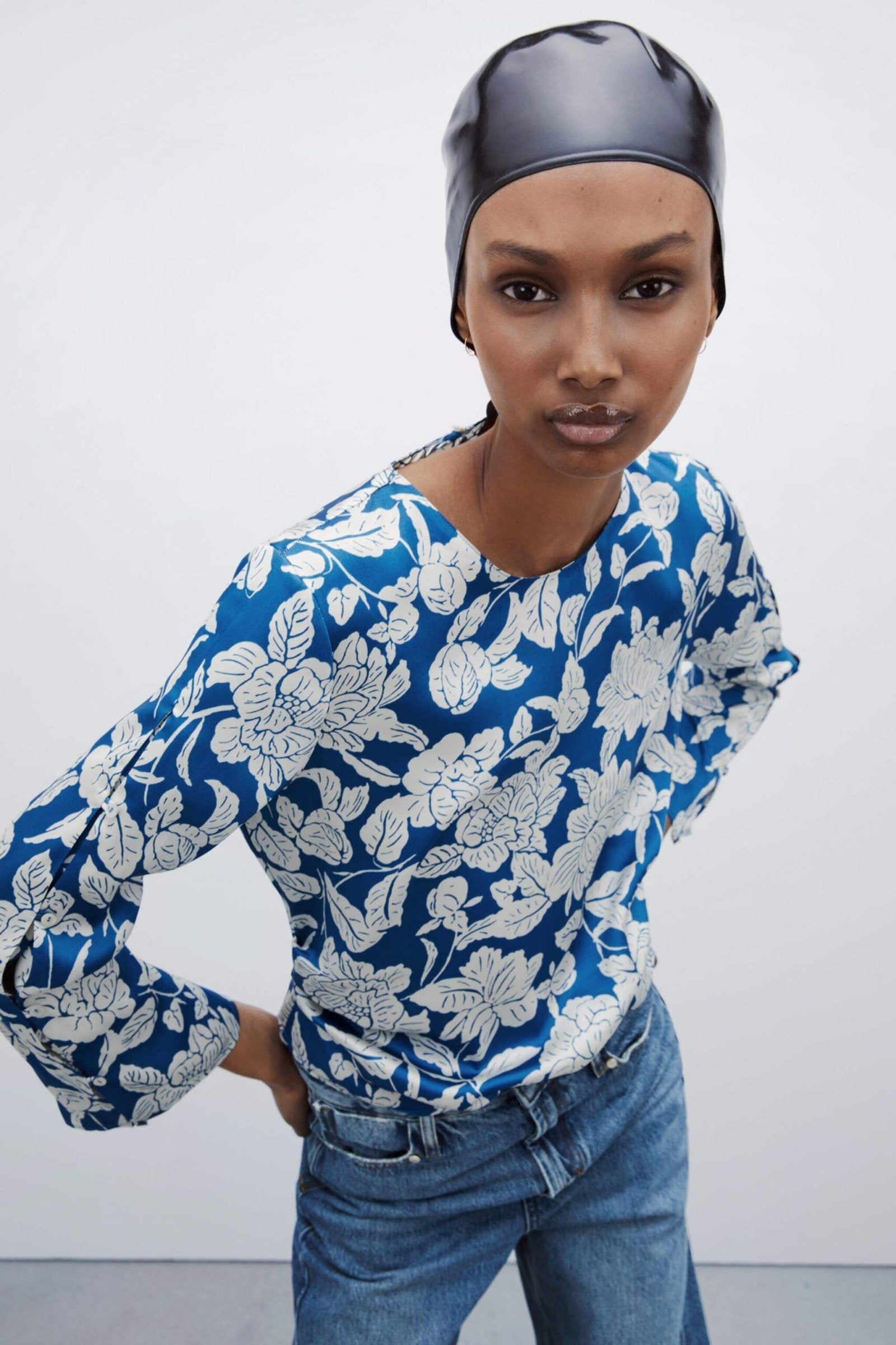 ZARA- Blue and White Printed Satin Blouse