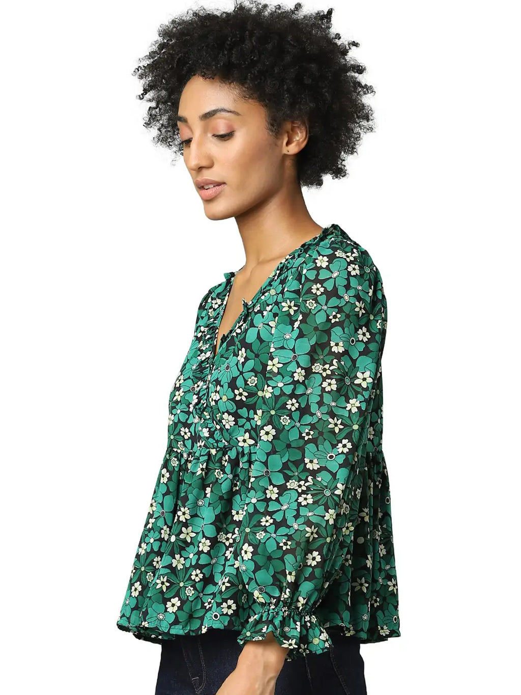 ONLY - Green Printed V Neck Peplum Top