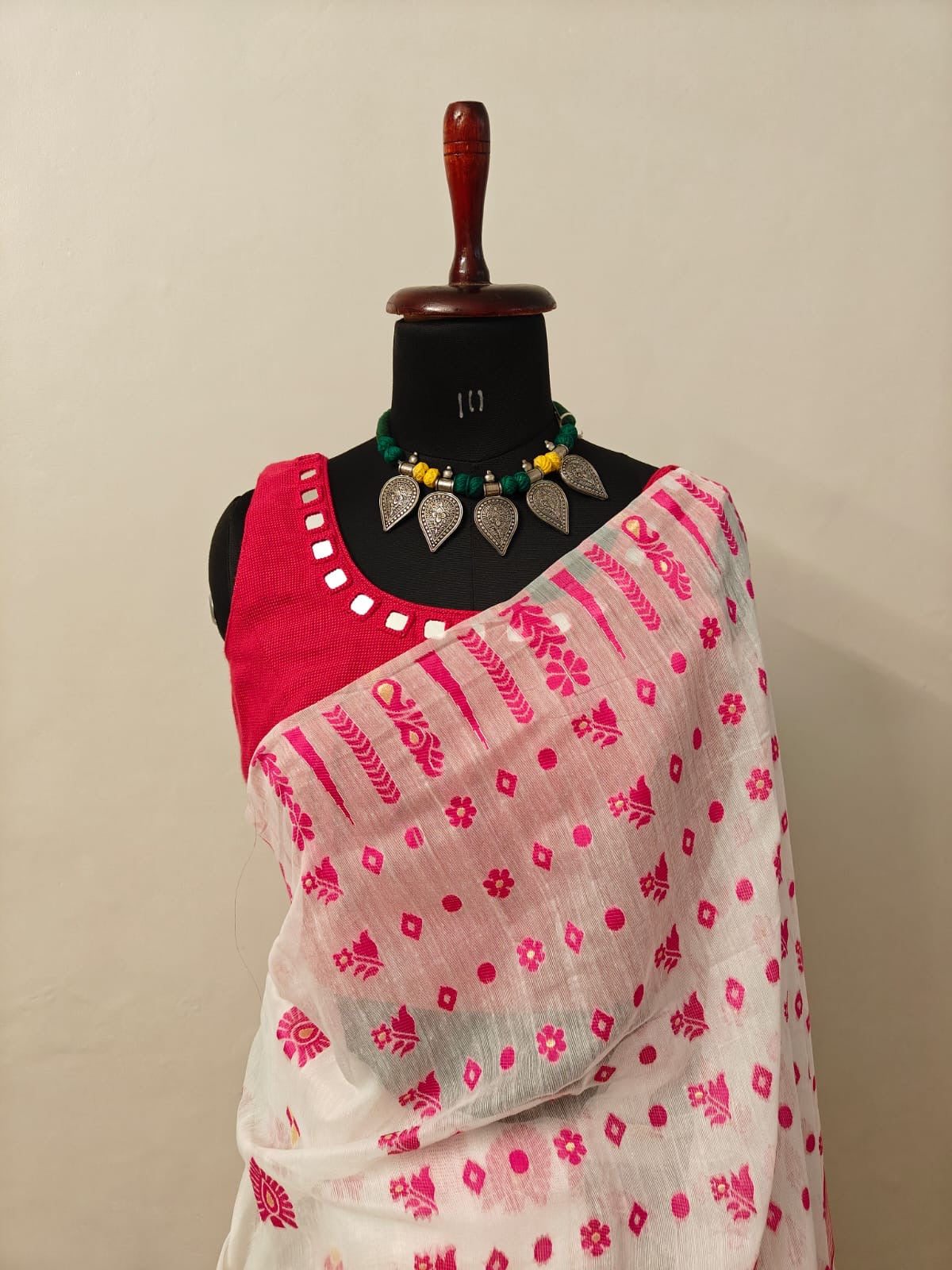 White And Pink Jamdani Sari
