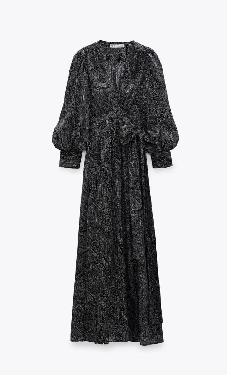 ZARA - Black Paisley Print Long Wrap Dress