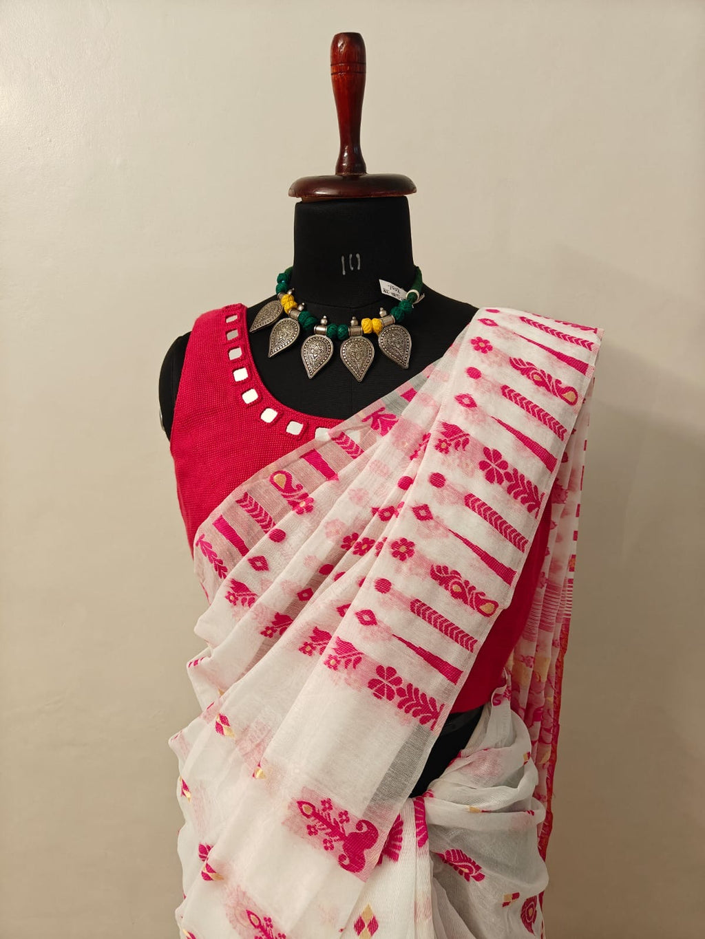 White And Pink Jamdani Sari