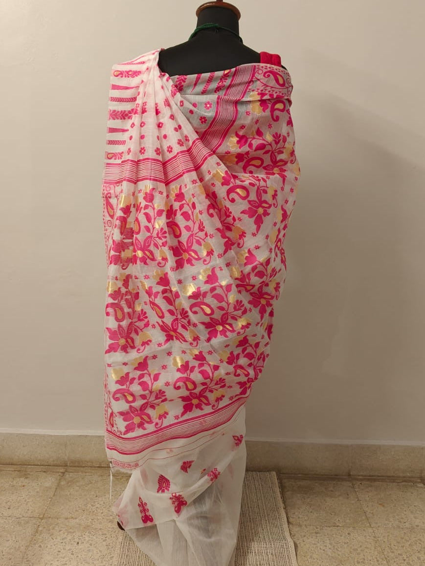 White And Pink Jamdani Sari